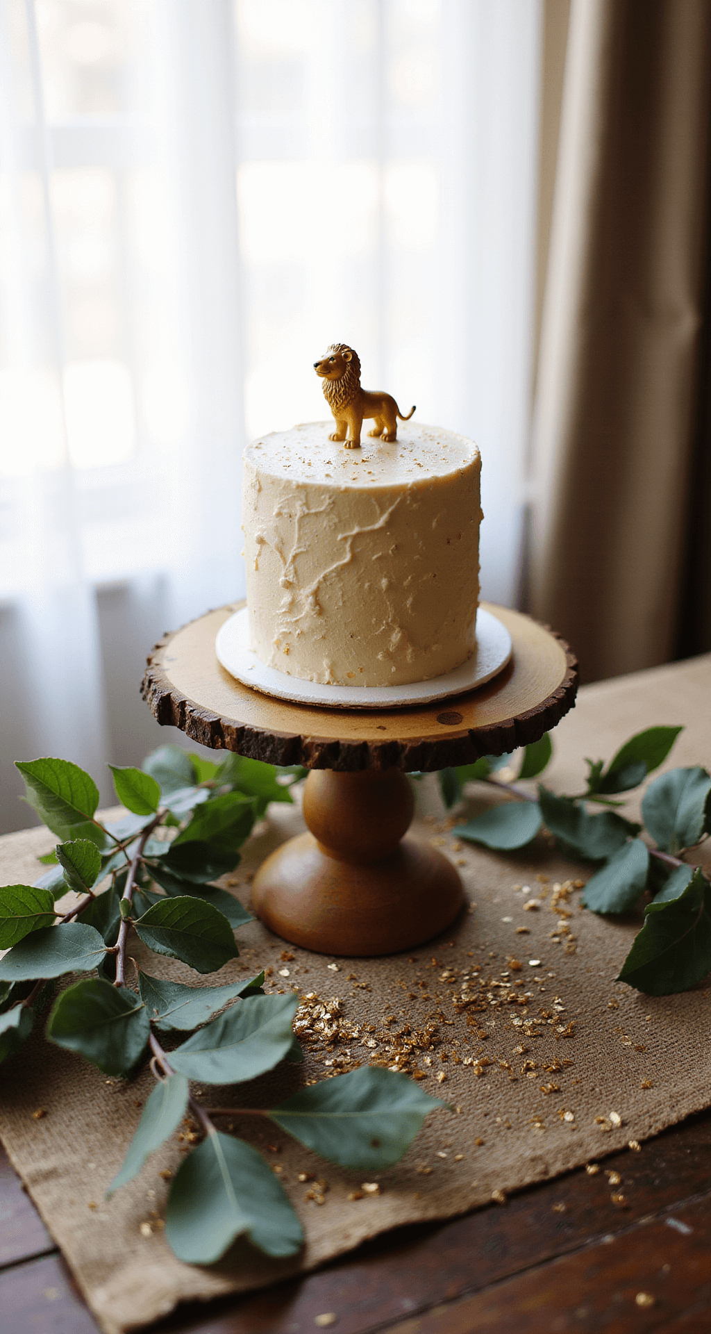 The Ultimate Wild One Birthday Party Guide: Turning One Year Old in Style! A detailed shot of a smash cake station featuring a wooden cake stand with a buttercream cake topped with gold leaf and a lion figurine, surrounded by eucalyptus and monstera leaves, soft sunlight, gold confetti, acrylic signage, and a Persian rug.