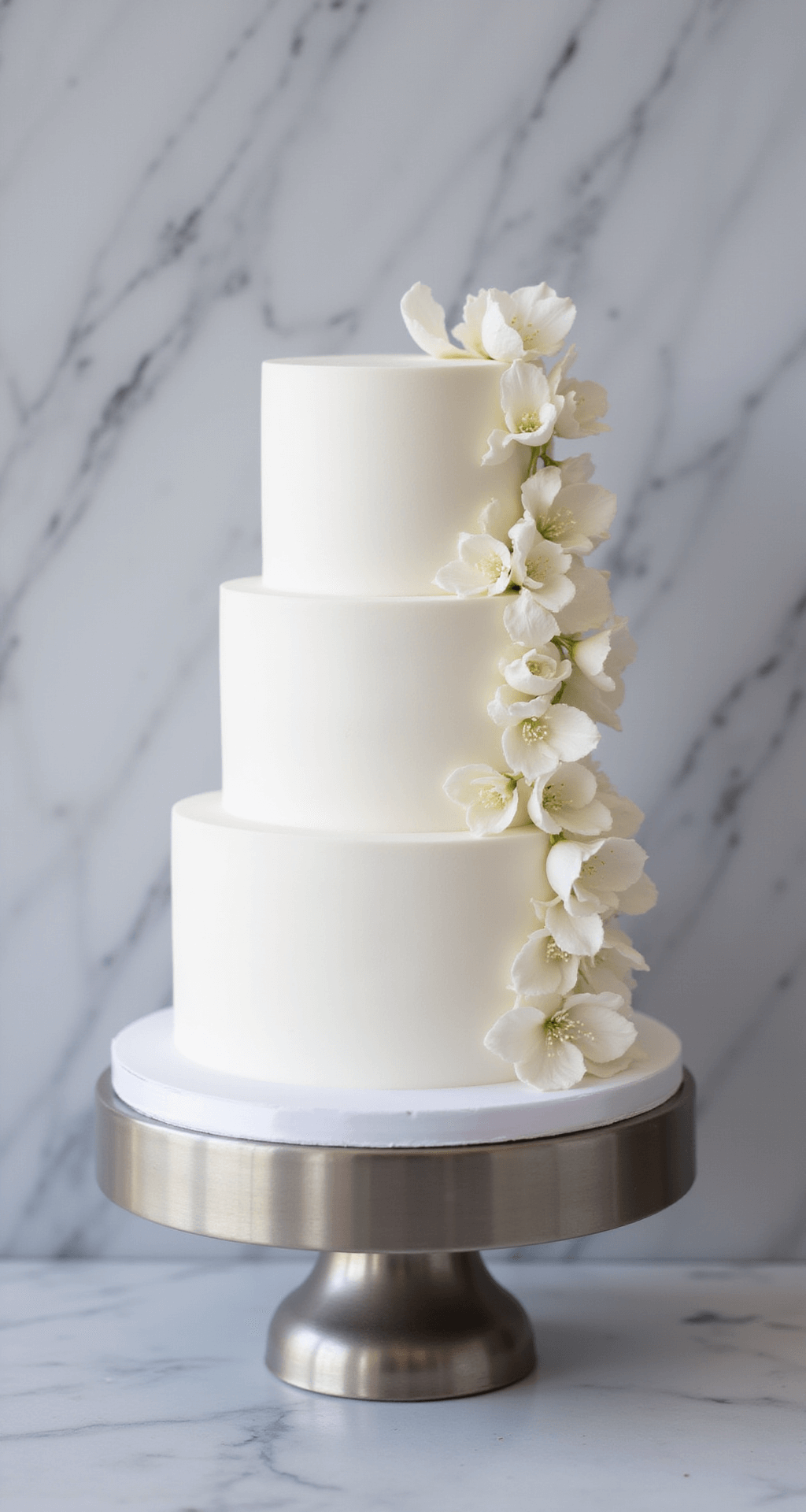 BIRTHDAY CAKE DESIGNS: THE ULTIMATE CREATIVE GUIDE A pristine three-tiered white birthday cake on a brushed silver stand, featuring a smooth buttercream finish, minimalist sugar flowers, and a marble backdrop with soft shadows.