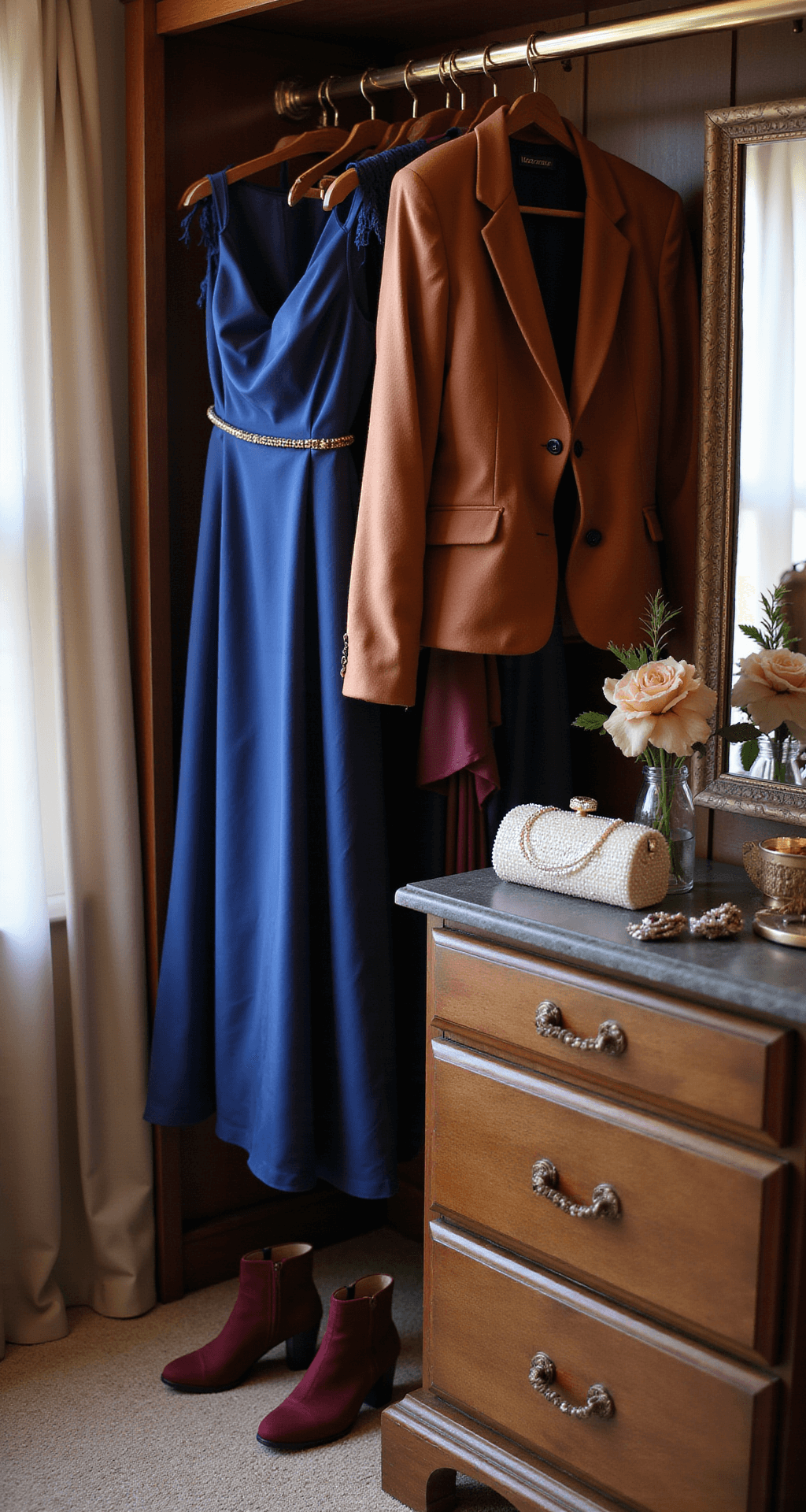 FALL WEDDING GUEST DRESSES: YOUR COMPLETE STYLE FOR 2024 A close-up of a luxurious walk-in closet featuring a sapphire blue satin maxi dress, a structured copper-toned blazer, and burgundy ankle boots, with a pearl clutch and vintage-inspired hair clips on a mirrored vanity, all under warm ambient lighting and natural light filtering through sheer curtains.