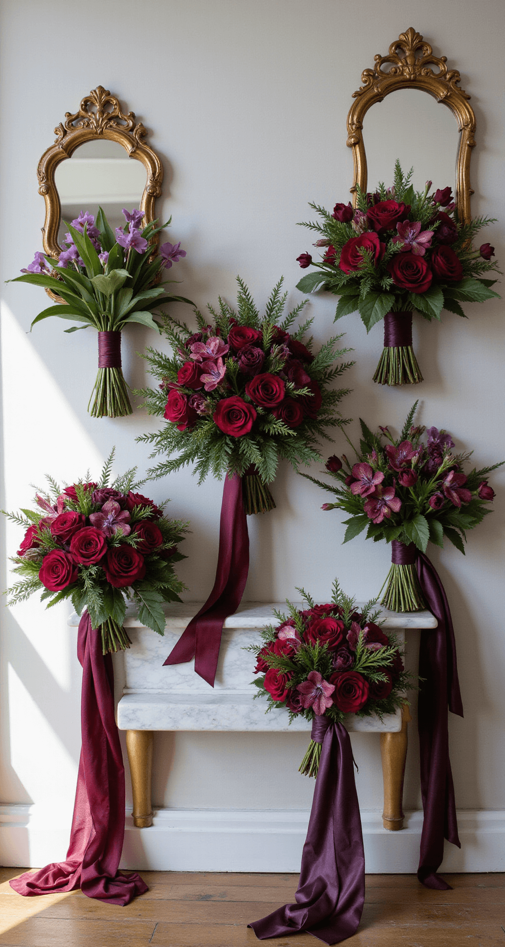Jewel Tone Wedding Flowers: A Luxurious Floral Symphony for Your Special Day Dramatic bridal bouquet arrangement featuring deep jewel tones on an antique marble console, with vintage brass mirrors reflecting ruby ranunculus, amethyst calla lilies, and emerald orchids, complemented by flowing silk ribbons in coordinating colors.