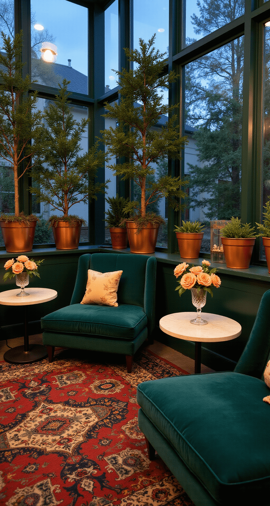 Jewel Tone Wedding Flowers: A Luxurious Floral Symphony for Your Special Day Cocktail hour lounge in a conservatory with deep emerald velvet sofas, potted trees in copper containers, and side tables with jewel-toned floral arrangements in crystal vases, all set on a vintage Persian rug, captured during blue hour with warm cafe lighting.