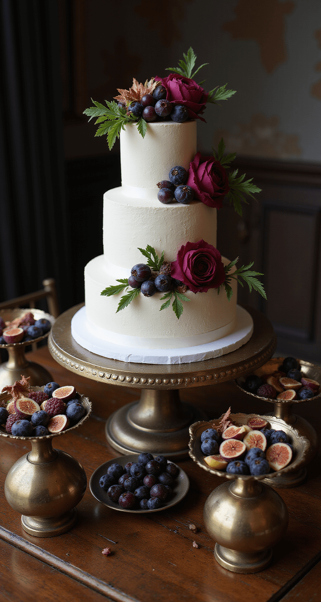 Jewel Tone Wedding Flowers: A Luxurious Floral Symphony for Your Special Day A close-up shot of an elegant dessert display on an antique wooden buffet, featuring a three-tier wedding cake adorned with deep jewel-toned sugar flowers, vintage brass compotes filled with fresh fruits and floral arrangements, including rich purple grapes and black figs, all illuminated with moody backlighting to emphasize metallic details and textures.