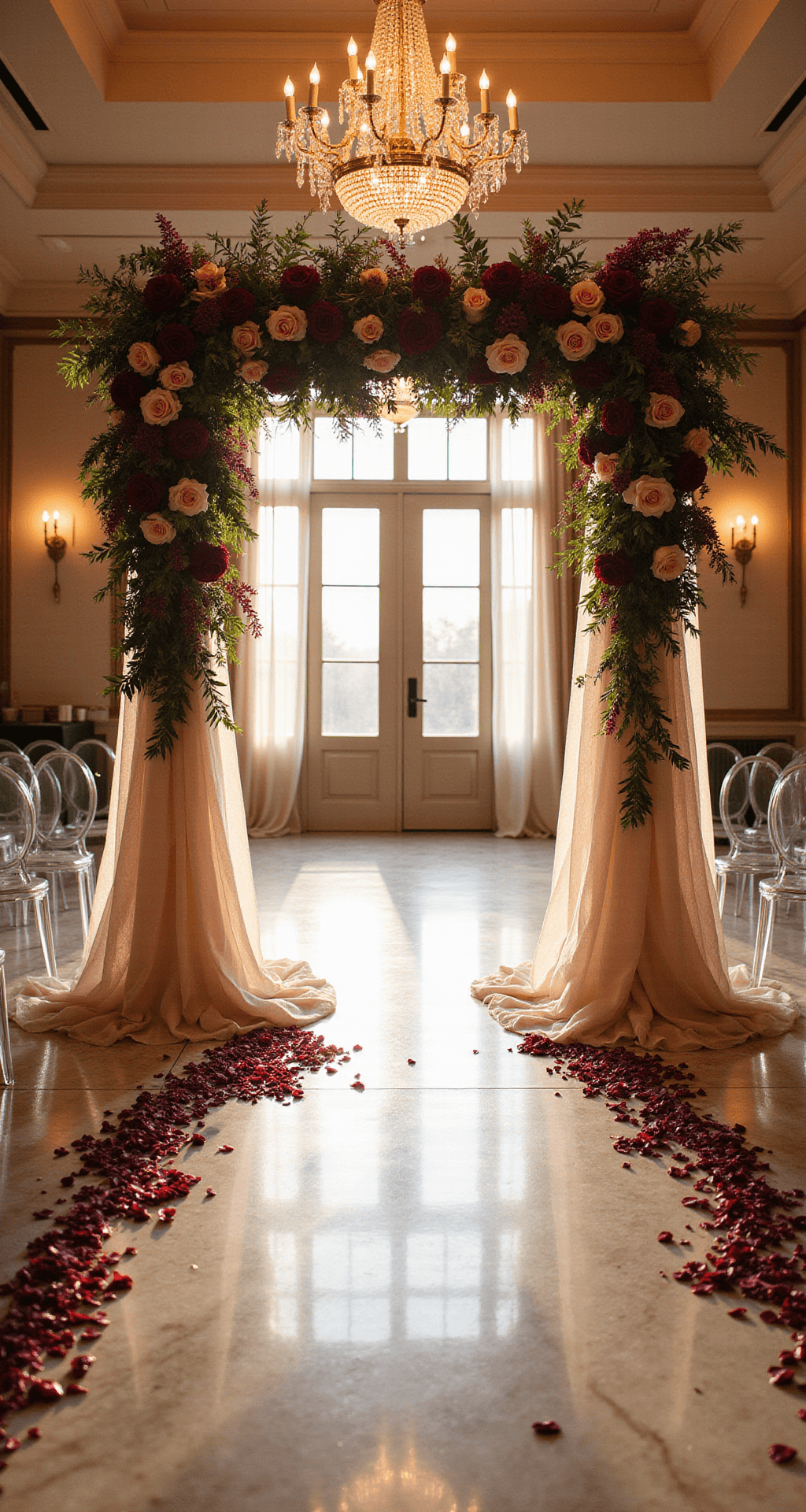 Burgundy Wedding Flowers: The Ultimate Guide to Stunning Floral Elegance A magnificent indoor wedding ceremony in a ballroom at golden hour, featuring a tall burgundy and blush floral arch, illuminated by soft natural light from floor-to-ceiling windows. Crystal chandeliers shine over marble floors, while ghost chairs line a romantic aisle adorned with scattered burgundy petals.
