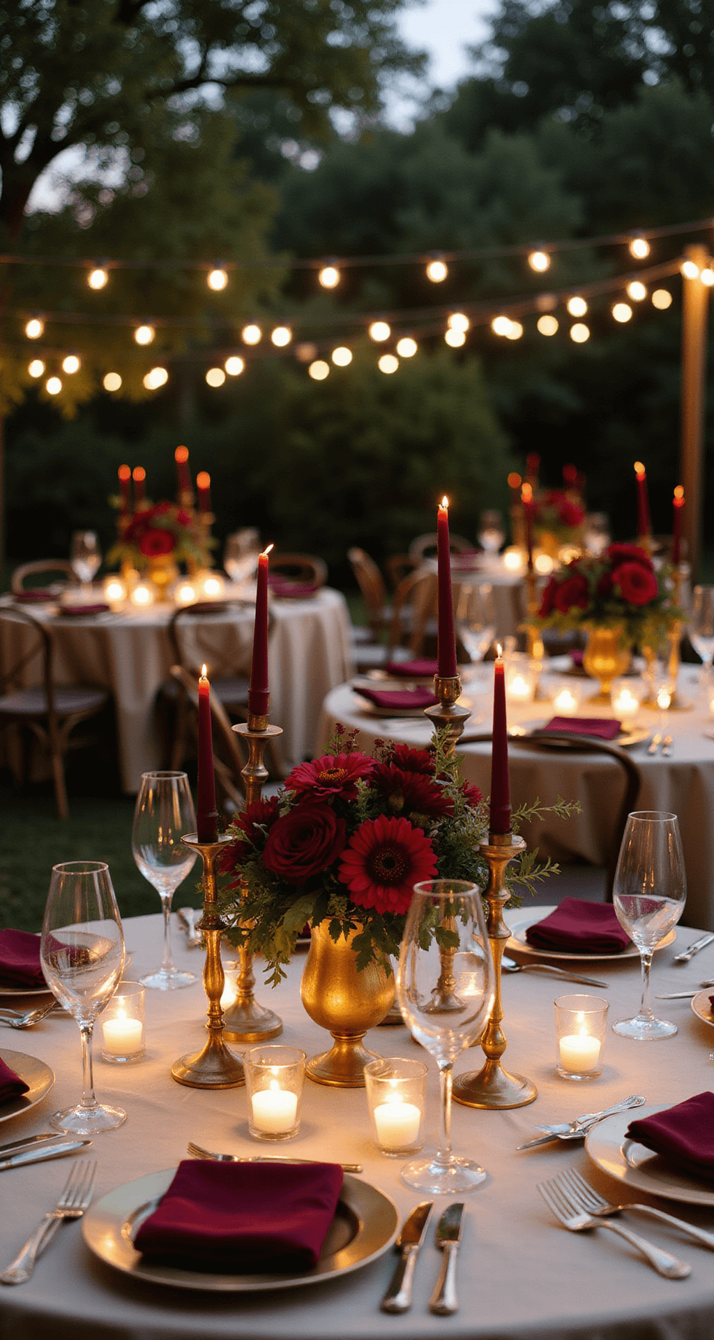 Burgundy Wedding Flowers: The Ultimate Guide to Stunning Floral Elegance An intimate garden reception at dusk featuring round tables with ivory silk linens, tall glass centerpieces of burgundy dahlias and deep red roses, vintage brass candlesticks with burgundy taper candles, and glowing overhead string lights, with a 45-degree angle view of layered place settings with gold chargers and burgundy velvet napkins.