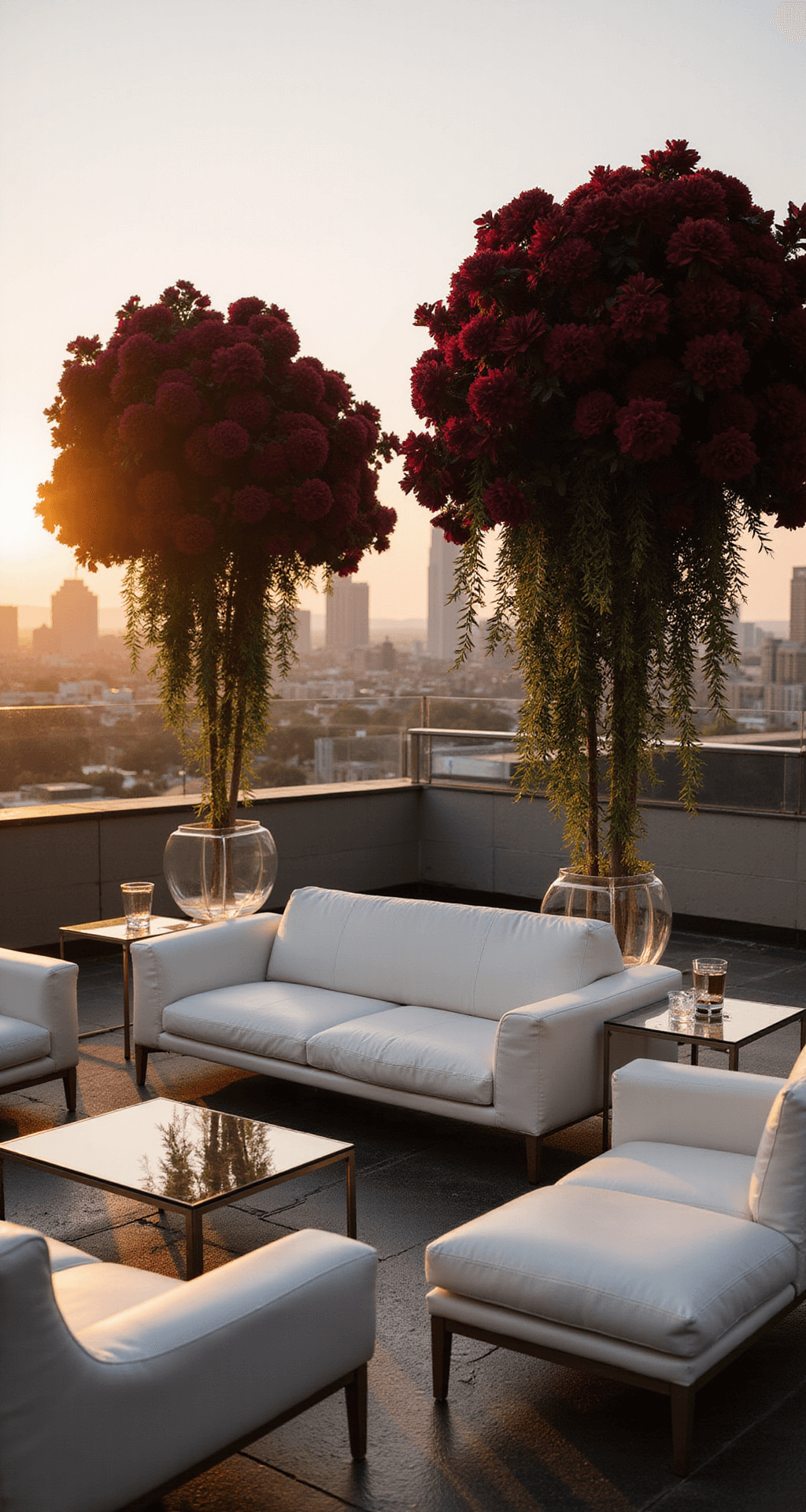 Burgundy Wedding Flowers: The Ultimate Guide to Stunning Floral Elegance A modern rooftop wedding lounge at sunset featuring low-profile white leather seating, acrylic cocktail tables, and oversized burgundy floral installations. The city skyline is visible in the background through glass barriers, illuminated by golden light for a sophisticated ambiance.