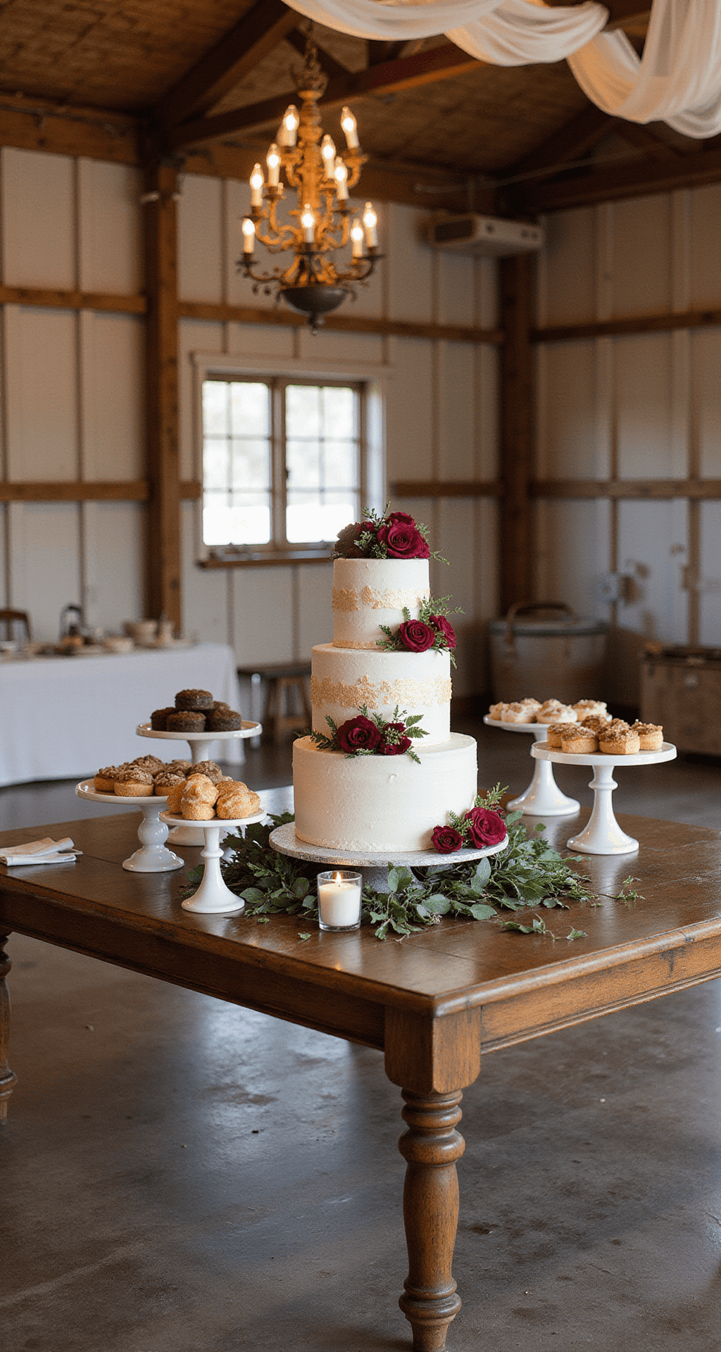 Burgundy Wedding Flowers: The Ultimate Guide to Stunning Floral Elegance Rustic barn dessert display featuring a tiered wedding cake with burgundy flowers and gold leaf, surrounded by artisanal desserts on vintage cake stands, all set on a wooden farm table under draped fabric and vintage chandeliers, photographed in natural afternoon light.