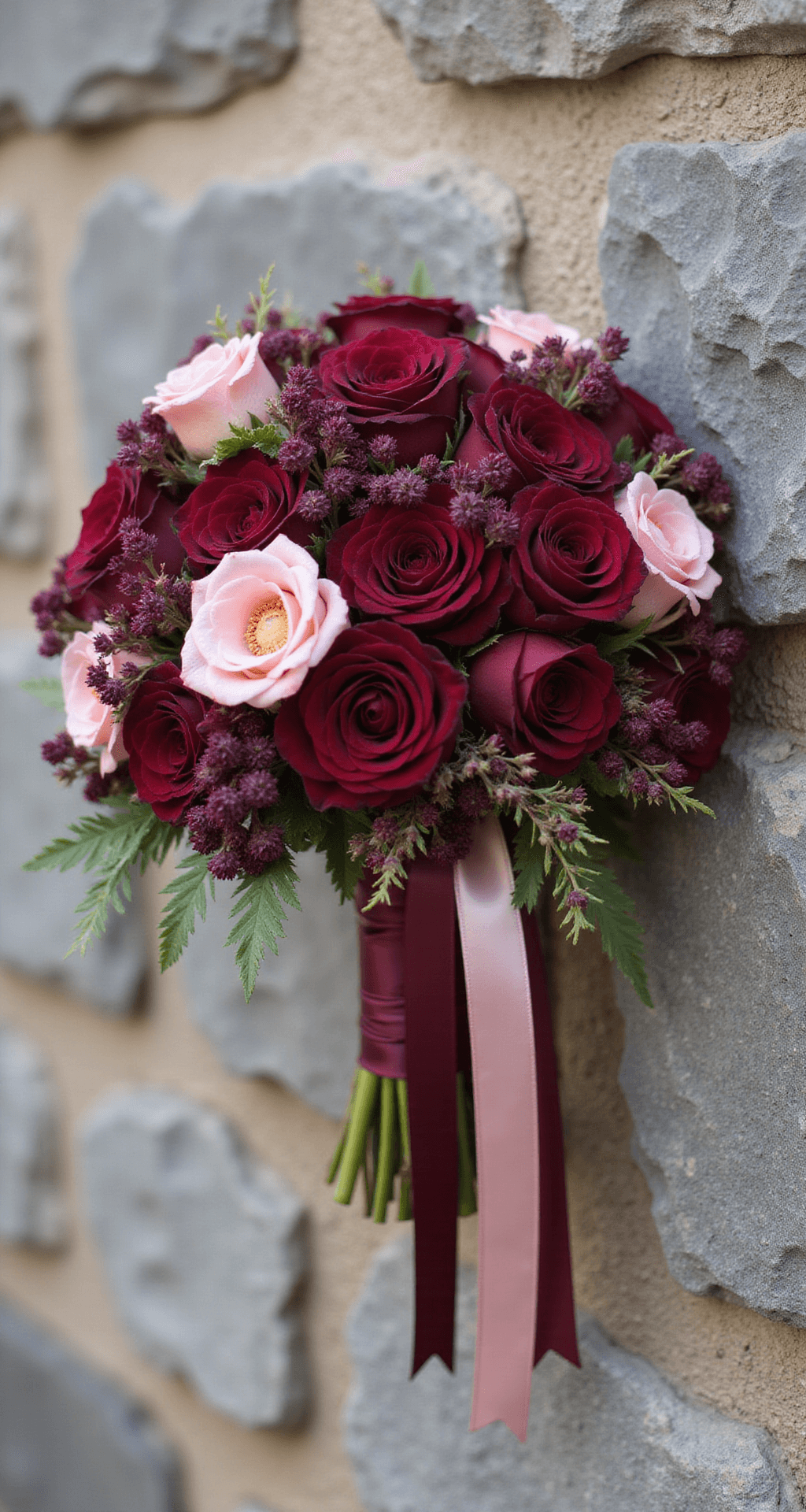 Burgundy Wedding Flowers: The Ultimate Guide to Stunning Floral Elegance Close-up of a bridal bouquet featuring rich burgundy roses, deep red ranunculus, and hypericum berries against a textured stone wall, accented by hand-dyed silk ribbons in wine and blush tones, captured in macro photography to reveal intricate petal textures and dewdrops, enhanced by natural side lighting.