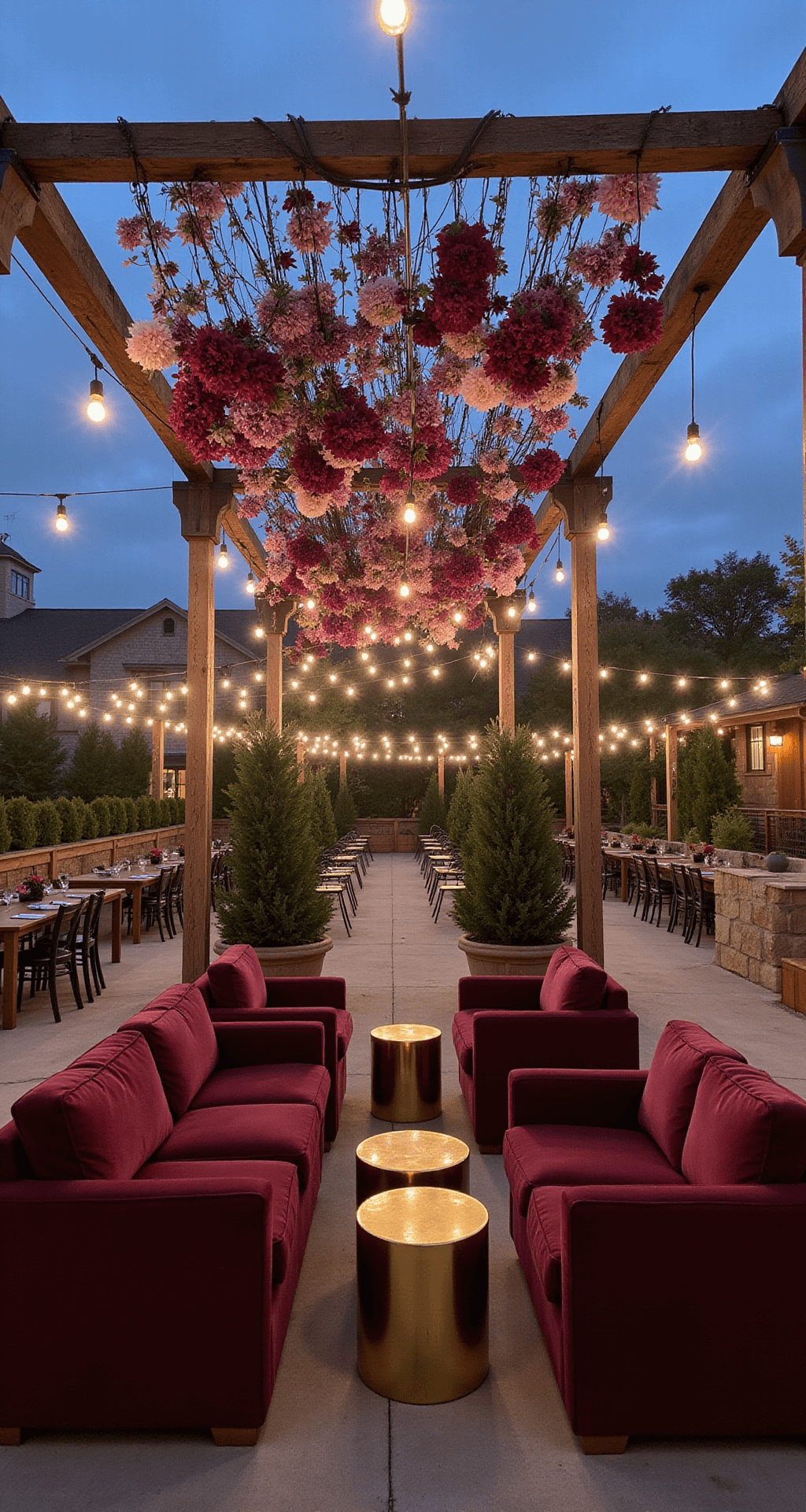 Burgundy Wedding Flowers: The Ultimate Guide to Stunning Floral Elegance Outdoor cocktail hour setup at blue hour featuring burgundy velvet lounge furniture around brass side tables, with a hanging installation of burgundy and blush flowers from a rustic wooden frame, illuminated by market lights against a deepening sky.