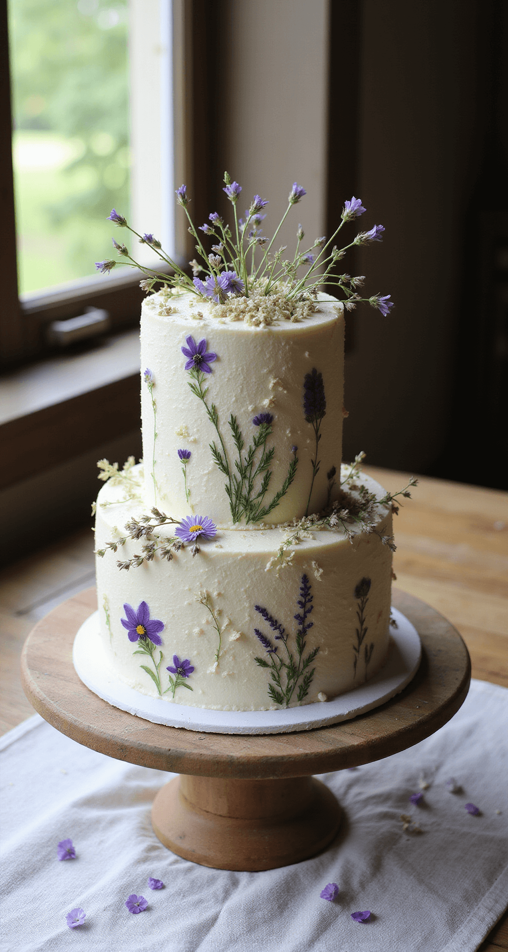 BIRTHDAY CAKE DESIGNS: THE ULTIMATE CREATIVE GUIDE A double-layer birthday cake in a sunlit rustic kitchen, featuring cream cheese frosting with watercolor botanical designs, topped with pressed edible flowers, fresh herbs, dried lavender, and crystallized violets, displayed on a wooden stand atop vintage linen.