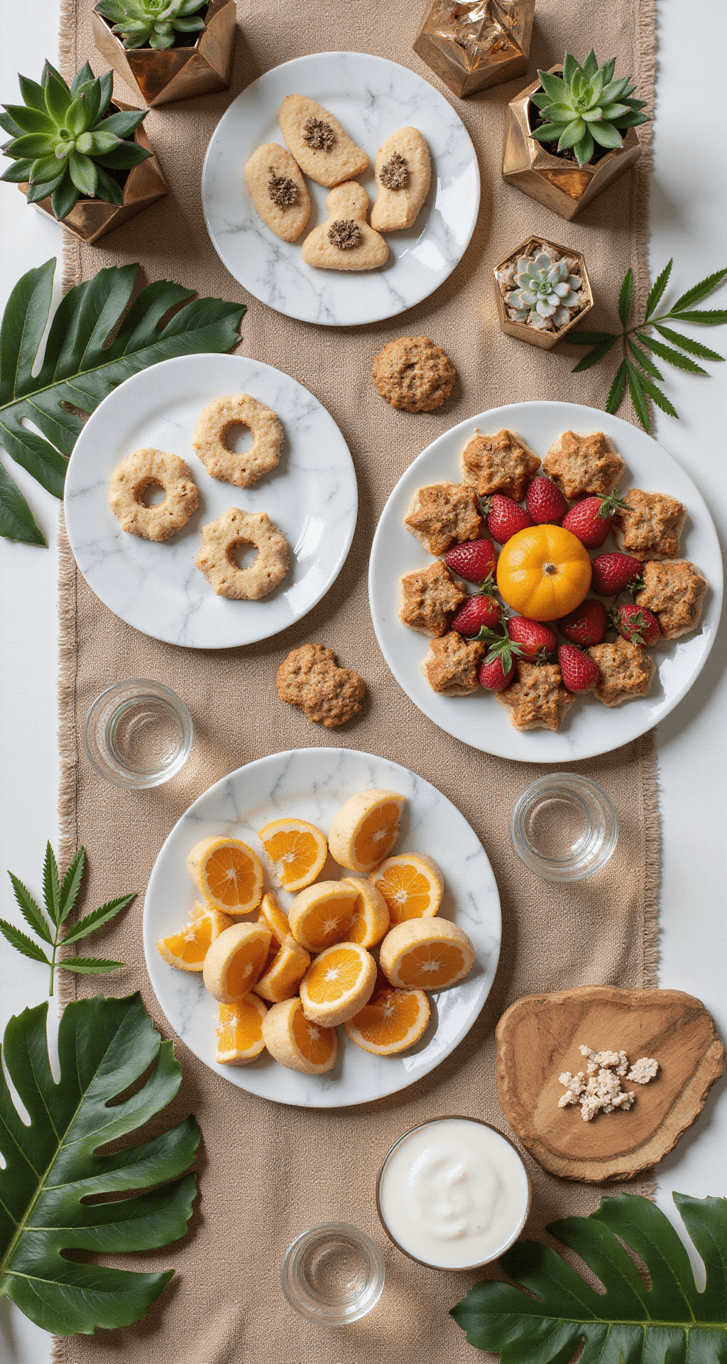 The Ultimate Wild One Birthday Party Guide: Turning One Year Old in Style! Overhead view of a safari-themed grazing table with animal-shaped cookies, creatively arranged fruit, brass terrariums with succulents, and gold-rimmed glasses on marble platters and earth-toned linens, accented by tropical leaves and wooden boards in natural midday light.