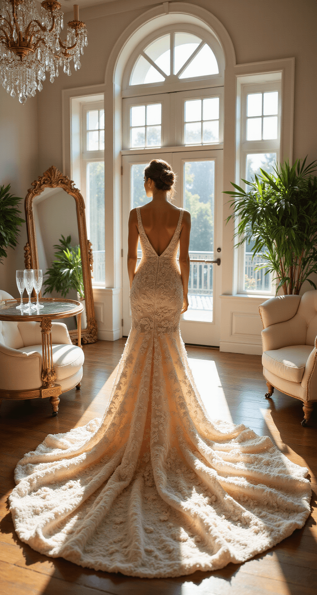 Wedding Dress Flowers: Your Ultimate Style Guide to Blooming Bridal Fashion A bright bridal boutique interior features a bride on a raised platform in a detailed 3D floral appliqué gown, surrounded by illuminated mirrors, cream velvet seating, crystal chandeliers, and greenery, with a champagne cart nearby.