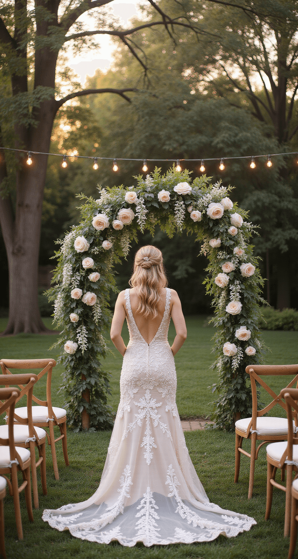 Wedding Dress Flowers: Your Ultimate Style Guide to Blooming Bridal Fashion An intimate garden wedding ceremony at golden hour, featuring a bride in an embroidered floral gown under a grand floral arch of white wisteria and garden roses, framed by wooden chairs adorned with fresh flowers and market lights strung above mature trees.