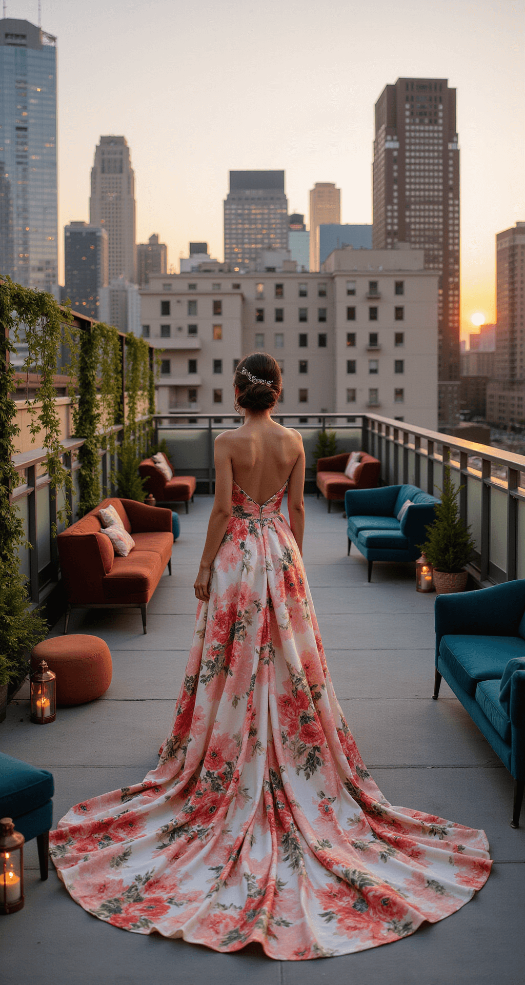 Wedding Dress Flowers: Your Ultimate Style Guide to Blooming Bridal Fashion A bride in a colorful floral gown stands against a city skyline at sunset, with lounge areas in jewel tones, copper lanterns, and trailing vines creating a vibrant rooftop wedding scene.