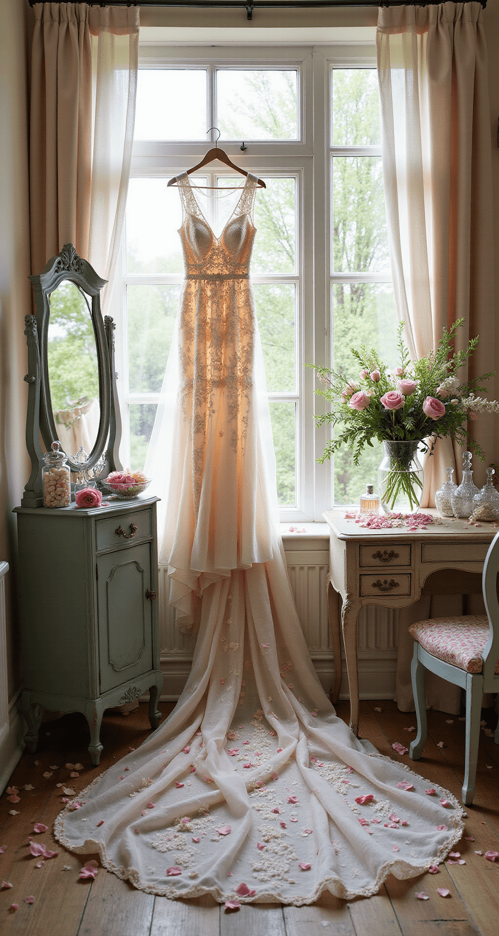 Wedding Dress Flowers: Your Ultimate Style Guide to Blooming Bridal Fashion A serene bridal preparation scene in a sunlit countryside cottage, featuring a pastel floral gown by a window, antique dressing tables adorned with vintage mirrors, fresh flowers, scattered rose petals, and delicate accessories.