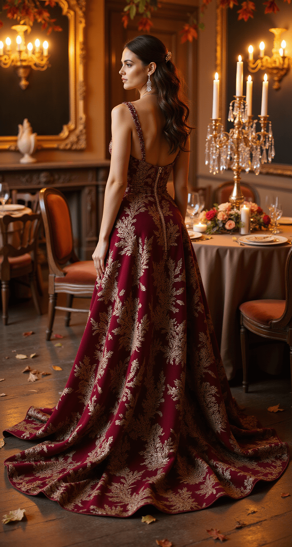 Wedding Dress Flowers: Your Ultimate Style Guide to Blooming Bridal Fashion An autumn evening ballroom with a bride in a deep-toned floral embroidered gown, featuring rich burgundy and gold threads under warm candlelight from crystal candelabras, surrounded by mahogany chairs with velvet cushions and tables dressed in champagne linens, with ornate baroque mirrors and falling autumn leaves creating a romantic atmosphere, shot from a dramatic low angle.