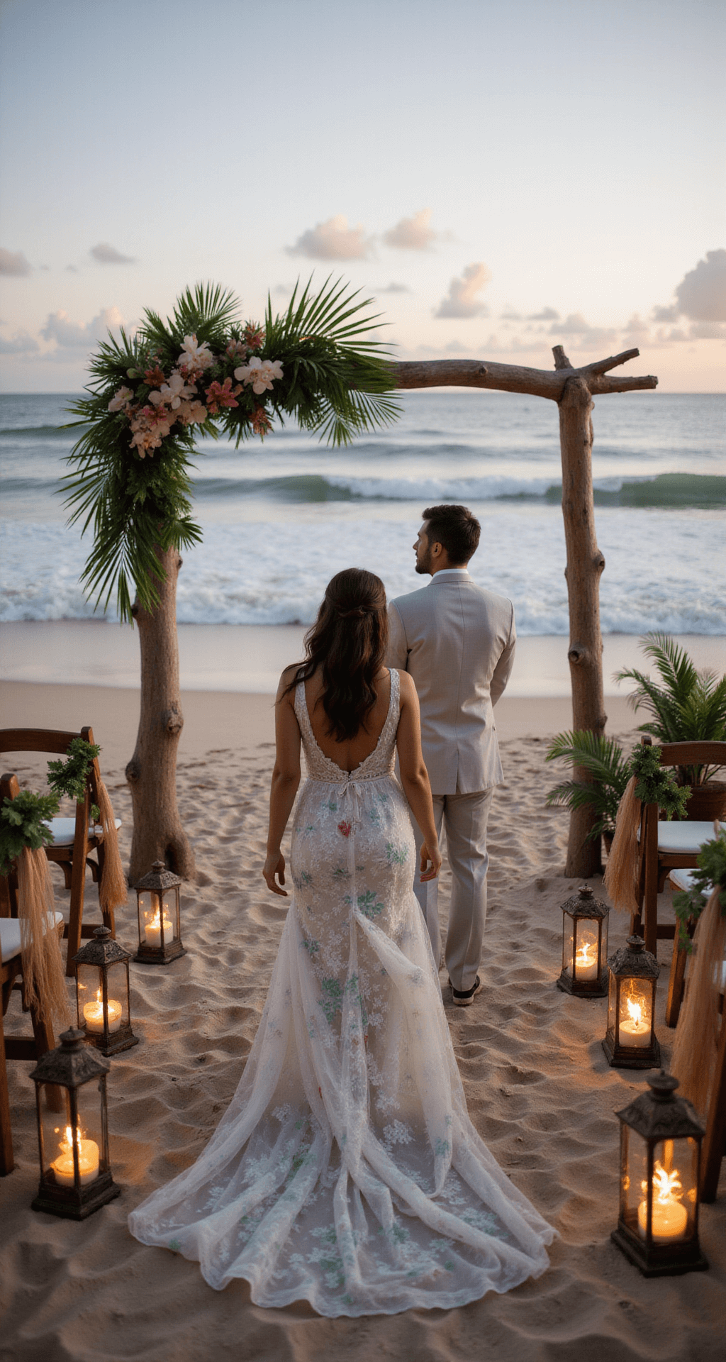 Wedding Dress Flowers: Your Ultimate Style Guide to Blooming Bridal Fashion A bride in a lightweight floral print gown moves gracefully on the beach at dusk, with bamboo chairs leading to a driftwood arch adorned with orchids and palm fronds, illuminated by tiki torches and lanterns as waves crash softly in the background.