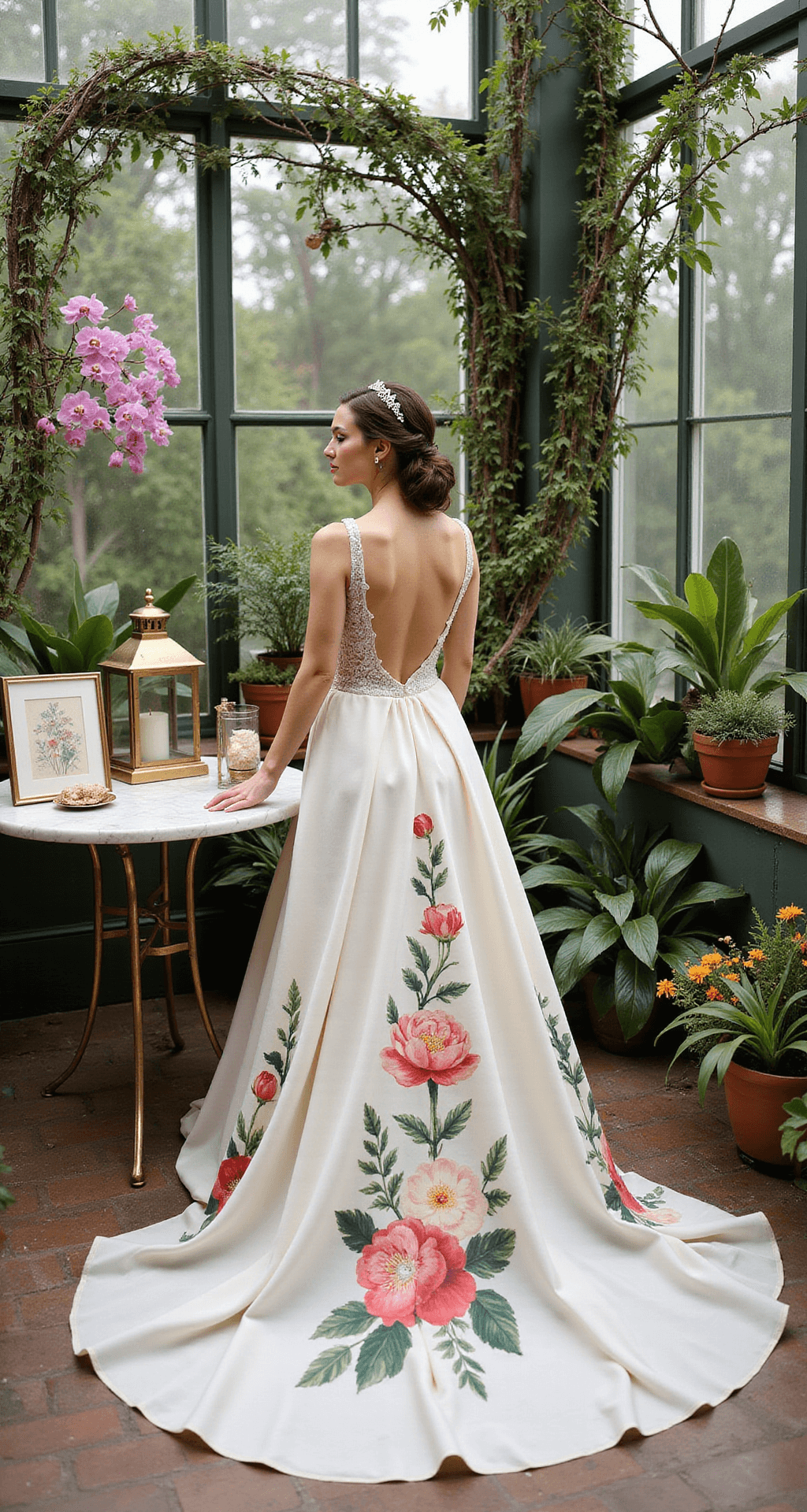 Wedding Dress Flowers: Your Ultimate Style Guide to Blooming Bridal Fashion A bride in a delicate hand-painted floral gown stands in a lush conservatory filled with exotic plants, under Victorian glass walls illuminated by afternoon light, surrounded by potted orchids, marble-topped bistro tables, and vintage botanical prints.