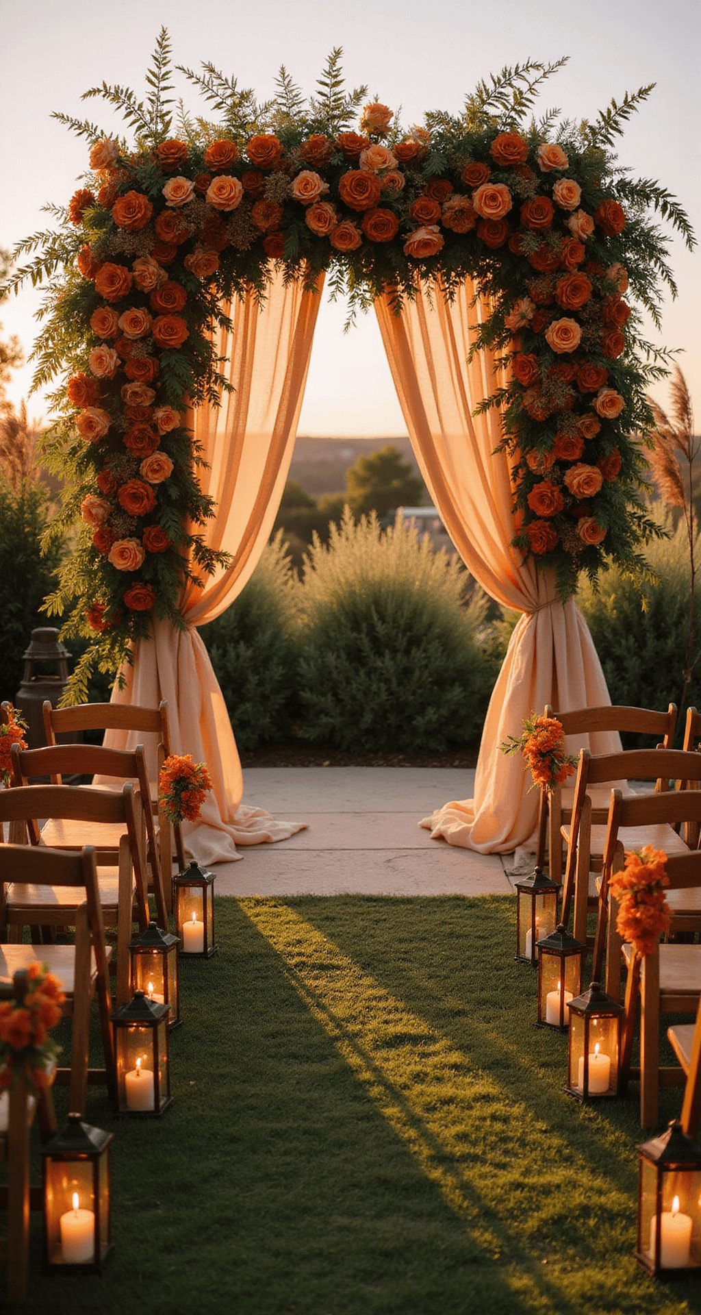 Orange Wedding Flowers: Your Ultimate Guide to Vibrant Nuptial Blooms A sunset-lit garden wedding ceremony with a dramatic floral arch of copper-toned roses and cascading orange spray roses, lined with natural wood chairs and vintage copper lanterns, captured from the back of the aisle.