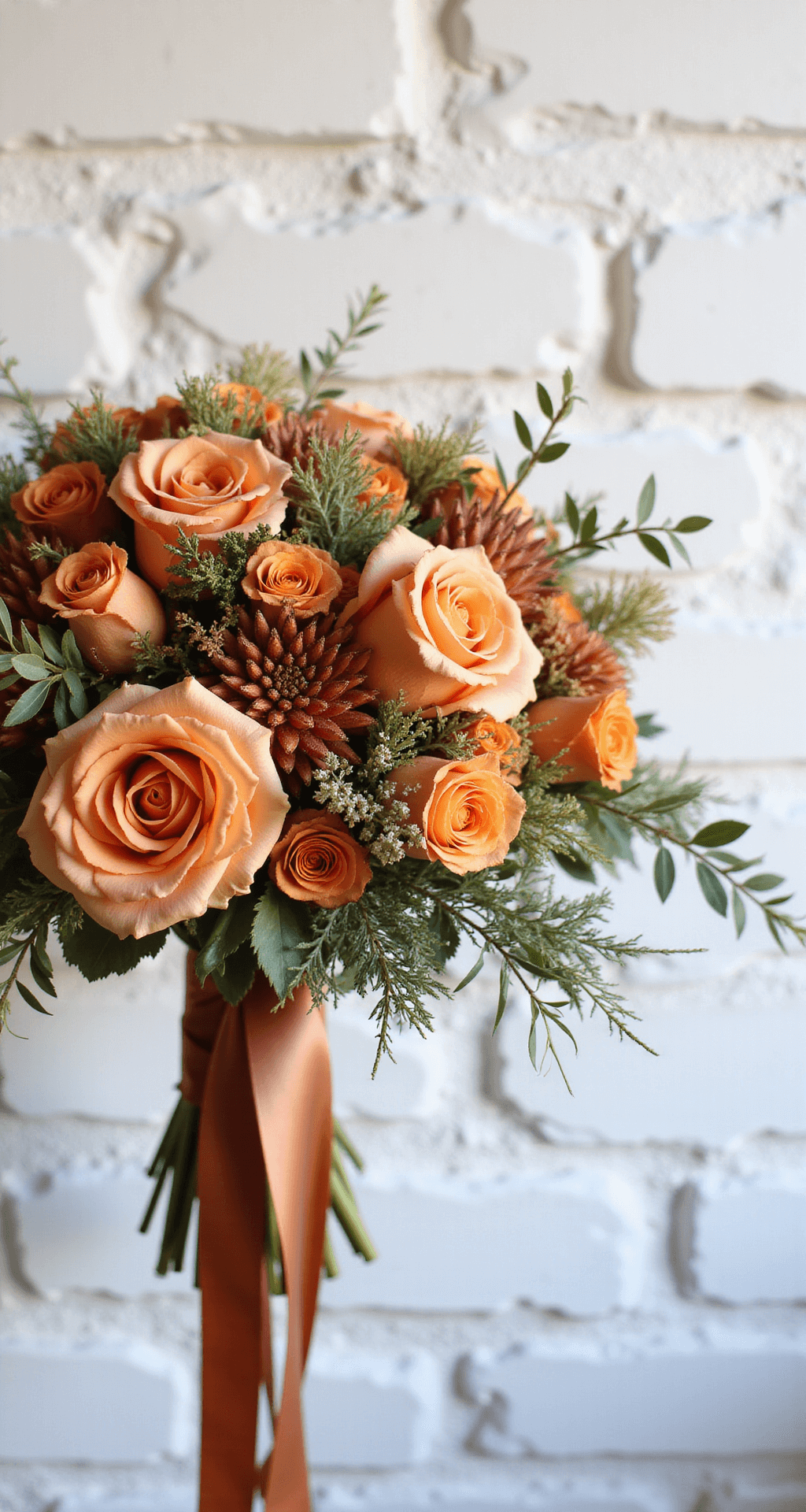 Orange Wedding Flowers: Your Ultimate Guide to Vibrant Nuptial Blooms A close-up of a luxurious bridal bouquet featuring orange velvet roses, spiky protea, and delicate spray roses, hand-tied with a copper silk ribbon. The arrangement is set against a whitewashed brick wall, illuminated by morning light that highlights the rich orange hues and accented with olive branches and eucalyptus.