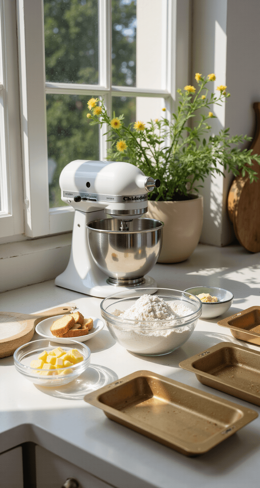The Ultimate Anniversary Cake: A Showstopping Celebration of Love A sunlit kitchen counter featuring a professional stand mixer surrounded by glass bowls of measured ingredients, sifted flour, and butter, with fresh edible flowers and golden cake pans creating a beautiful baking scene.