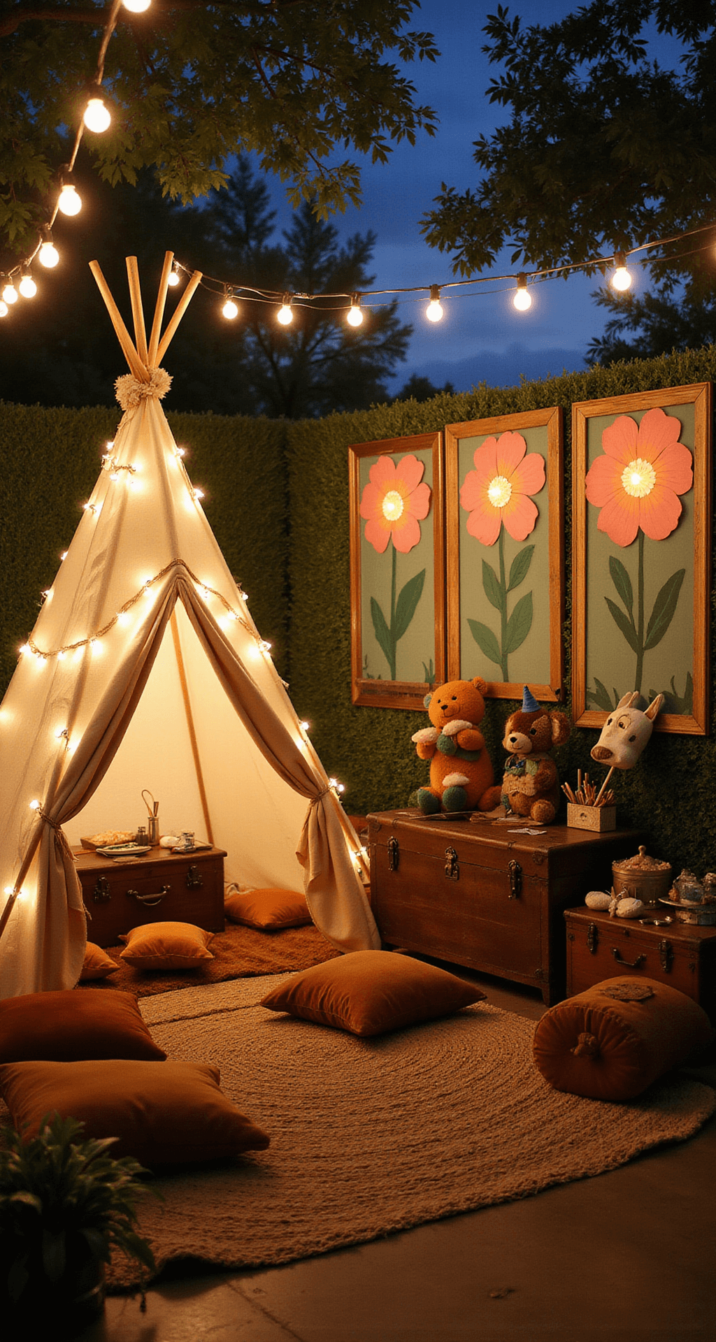The Ultimate Wild One Birthday Party Guide: Turning One Year Old in Style! Cinematic wide shot of a cozy activity zone at dusk featuring a tepee-style tent with fairy lights, vintage trunks with safari masks, velvet earth tone floor cushions, string lights, and a backdrop of oversized paper flowers and botanical prints in gold frames.