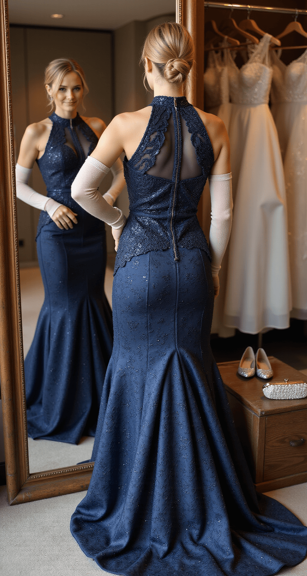 Winter Wedding Guest Fashion: Your Ultimate Guide to Looking Fabulous (While Staying Cozy!) A cozy winter bridal boutique interior features a woman trying on a navy blue high-neck brocade gown with silver threading, viewed from behind to highlight its elegant back detail. The floor-length mirror reflects her thermal nude underlayers at the sleeve cuffs, while a crystal-embellished clutch and silver heels are neatly arranged nearby. Warm spotlighting enhances the rich texture of the gown.