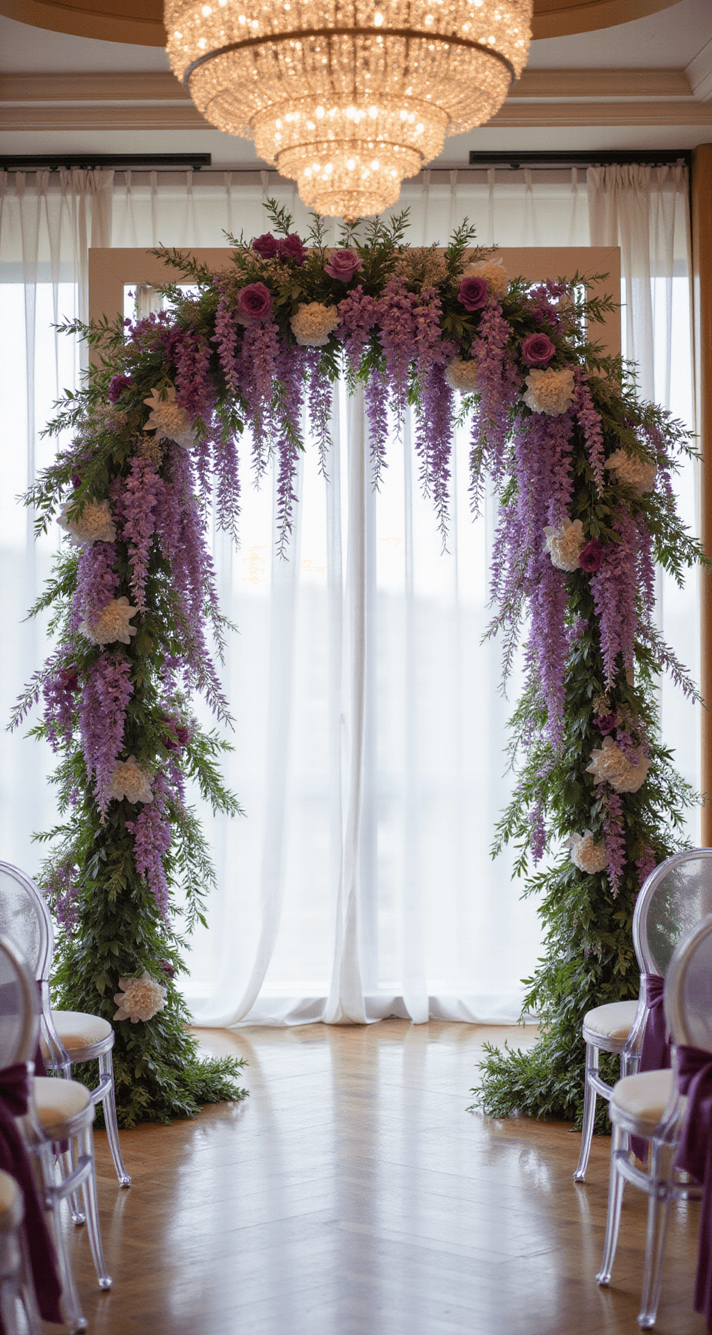 Purple Wedding Flowers: Your Ultimate Inspiration Guide A wide-angle view of a grand ballroom ceremony arch adorned with cascading purple orchids and wisteria, set against a white architectural frame.