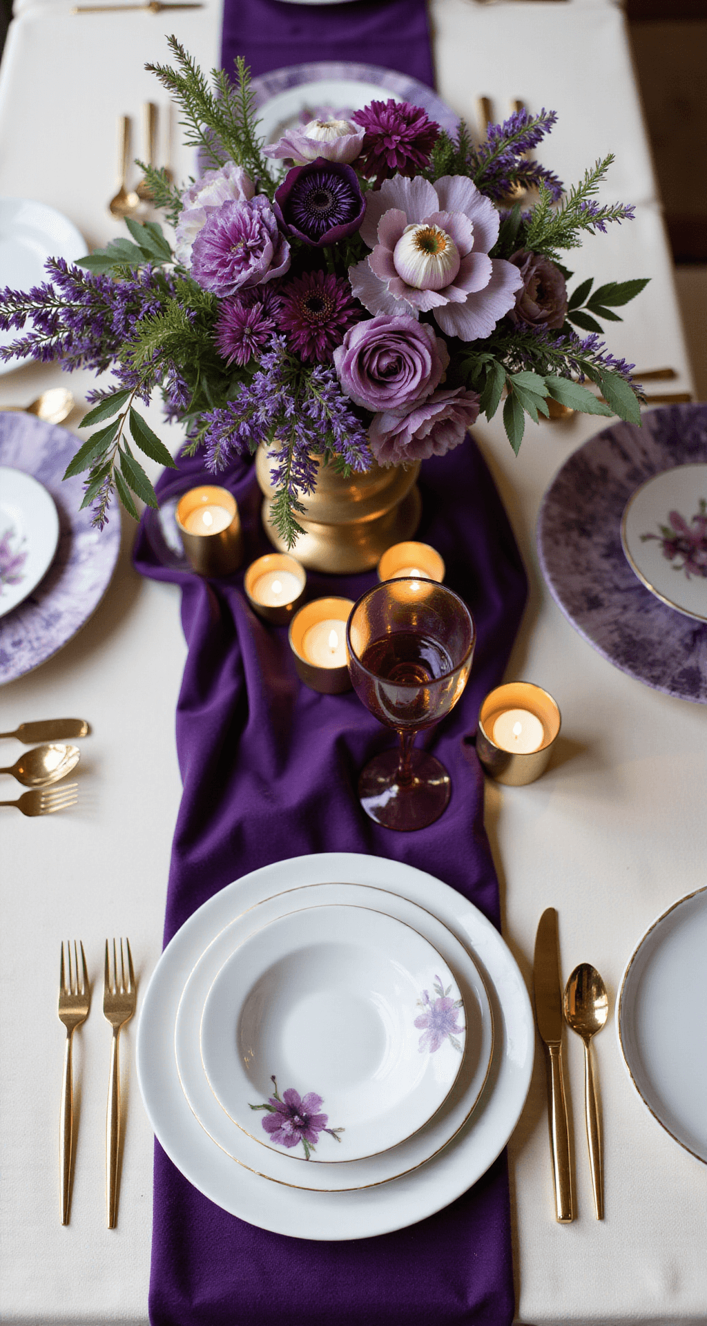 Purple Wedding Flowers: Your Ultimate Inspiration Guide Overhead view of a luxurious reception table set with a hand-painted purple marble charger, white bone china, modern gold cutlery, and amethyst crystal wine glasses.