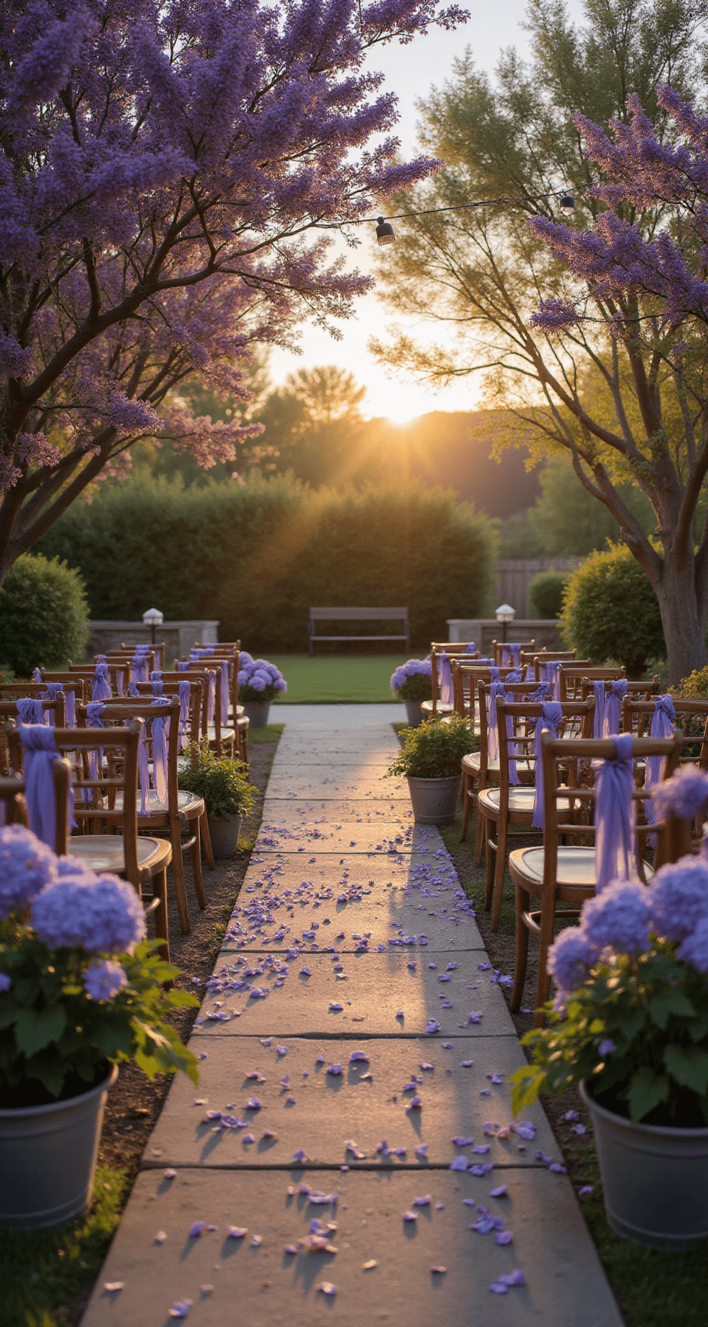 Purple Wedding Flowers: Your Ultimate Inspiration Guide Intimate garden ceremony at sunset with a stone pathway leading to curved seating under purple jacaranda trees.