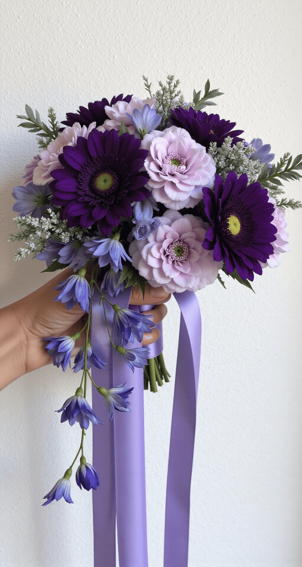 Purple Wedding Flowers: Your Ultimate Inspiration Guide Close-up of an asymmetrical bridal bouquet featuring royal purple lisianthus, aubergine dahlias, and pale lilac sweet peas against a textured white wall.