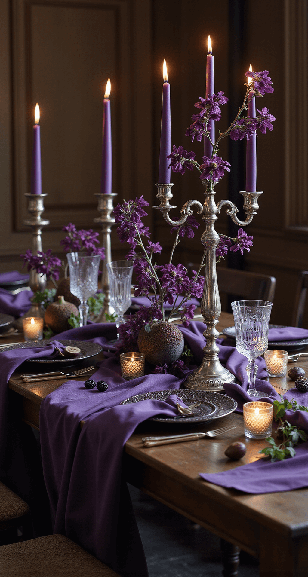 Purple Wedding Flowers: Your Ultimate Inspiration Guide A moody evening reception table featuring a dark wooden harvest table with deep purple velvet linens, tall silver candelabras adorned with purple clematis and passion vine.
