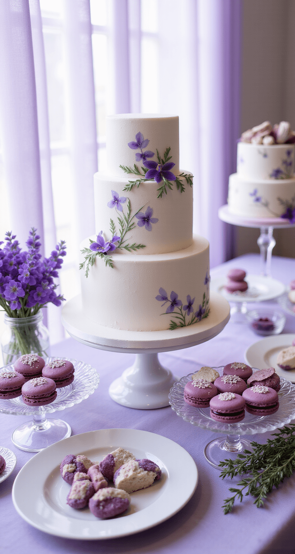 Purple Wedding Flowers: Your Ultimate Inspiration Guide A dessert display table featuring a four-tier white cake with hand-painted purple florals, surrounded by purple macarons and petit fours on crystal cake stands.