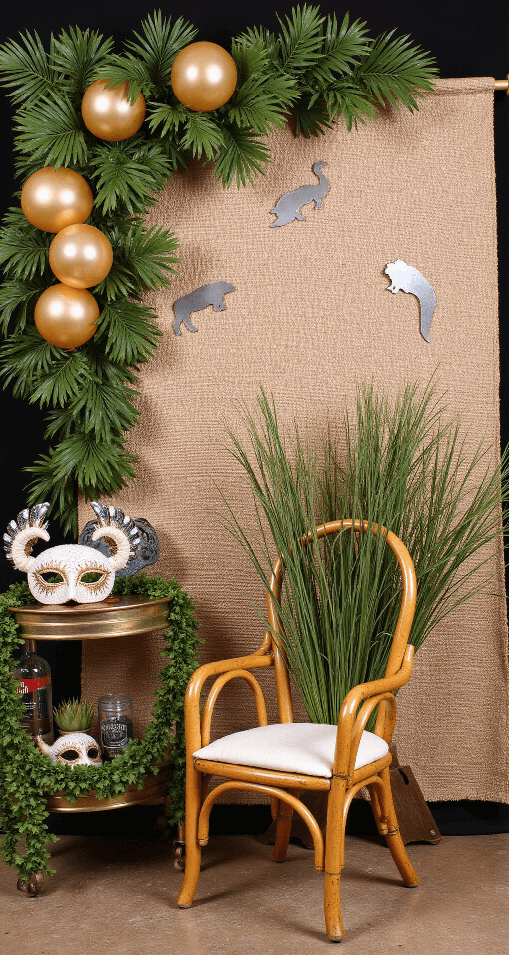 The Ultimate Wild One Birthday Party Guide: Turning One Year Old in Style! A photo booth setup with a textured grasscloth backdrop, preserved palm fronds, metallic animal silhouettes, a vintage bamboo peacock chair with silk ribbon and pampas grass, dramatic lighting, gold balloon garlands, and a brass bar cart with animal masks and botanical fans.