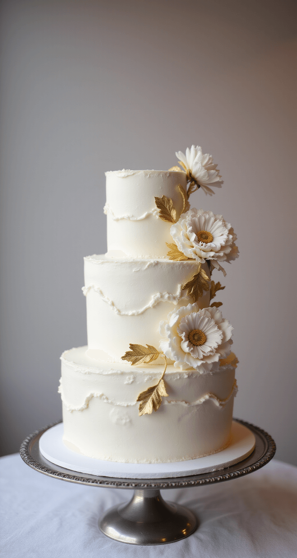 The Ultimate Anniversary Cake: A Showstopping Celebration of Love Three-tiered anniversary cake with white buttercream frosting, edible flowers, and gold leaf accents on a silver stand, surrounded by a soft-focus backdrop and warm lighting.