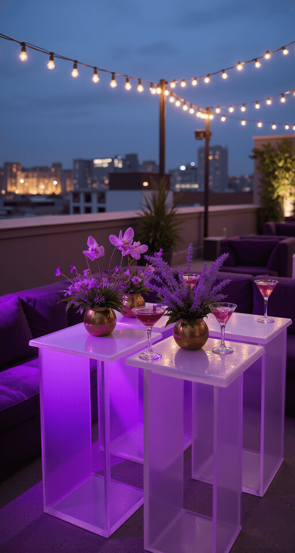 Purple Wedding Flowers: Your Ultimate Inspiration Guide Cinematic twilight rooftop scene featuring a stylish cocktail setup with modern lucite high-top tables adorned with purple allium, iris, and thistle in gold geometric vessels.