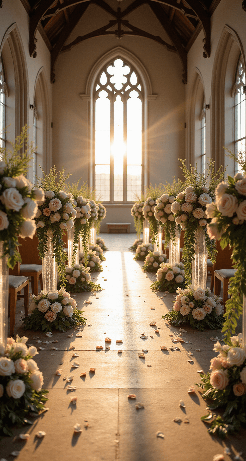 Wedding Aisle Flower Ideas: A Complete Visual Storytelling A wide-angle view of a cathedral aisle illuminated by golden hour light, featuring Gothic windows and adorned with cascading floral arrangements of blush peonies and ivory garden roses, crystal-wrapped stands, lush floor decorations, rose petals scattered on the ground, and delicate tulle draping for an ethereal effect.