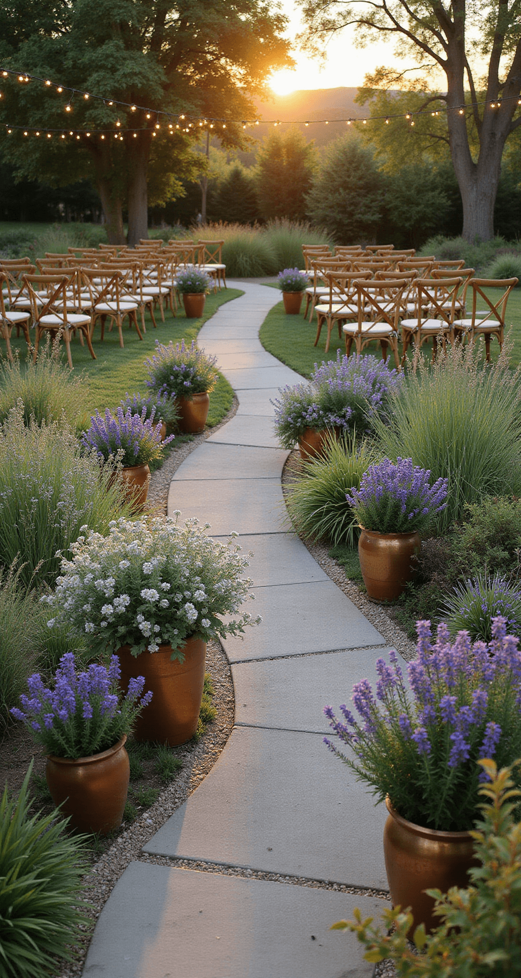 Wedding Aisle Flower Ideas: A Complete Visual Storytelling Overhead view of a garden ceremony space at sunset, showcasing a winding aisle with wildflowers in copper vessels, terracotta pots of lavender and chamomile, natural wood cross-back chairs, and market lights overhead.