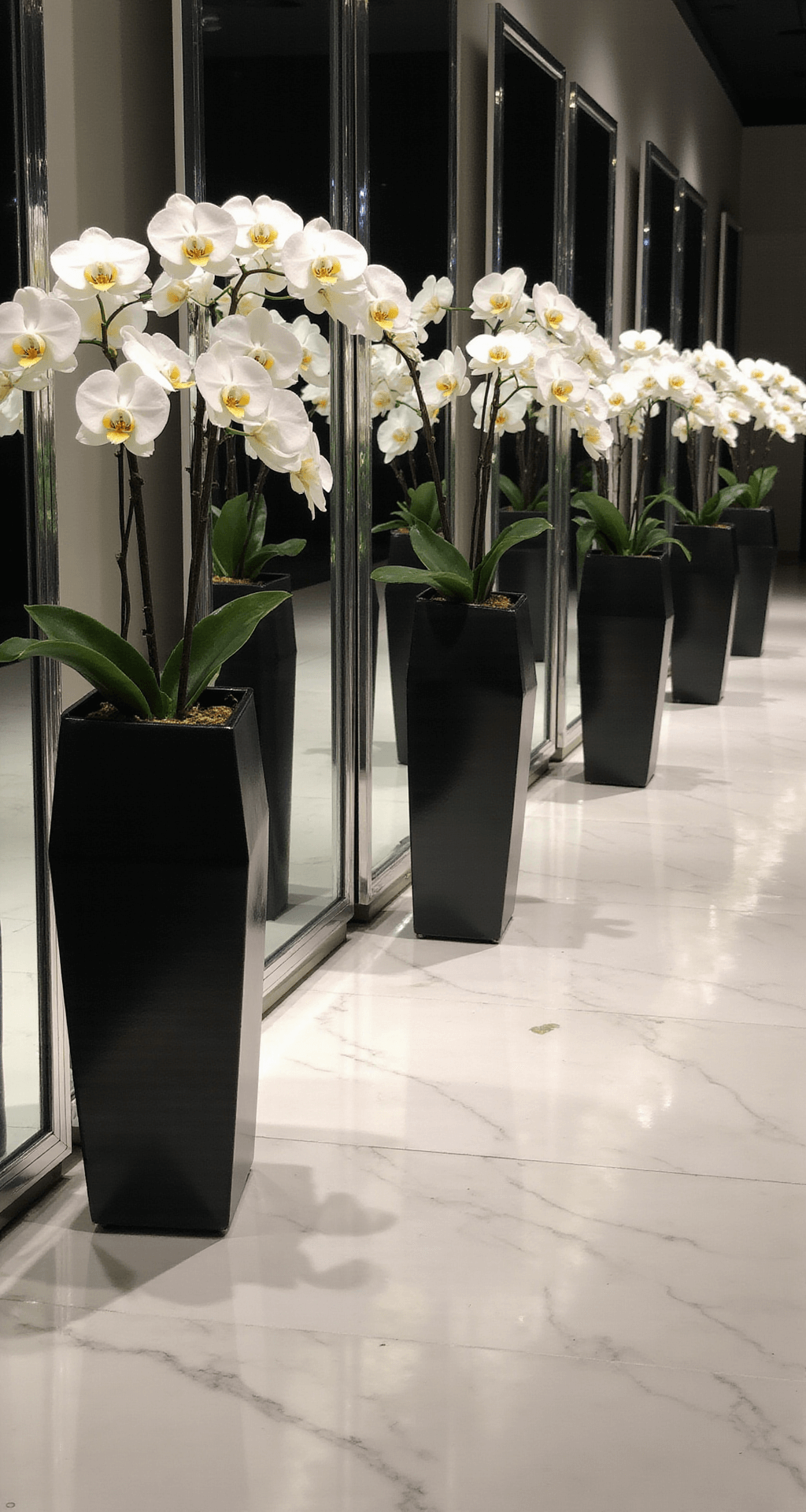 Wedding Aisle Flower Ideas: A Complete Visual Storytelling Intimate close-up of modern minimalist aisle arrangement with white phalaenopsis orchids in black geometric vessels, complemented by chrome pedestals and accent lighting on a white marble floor, with reflections in floor-length mirrors.