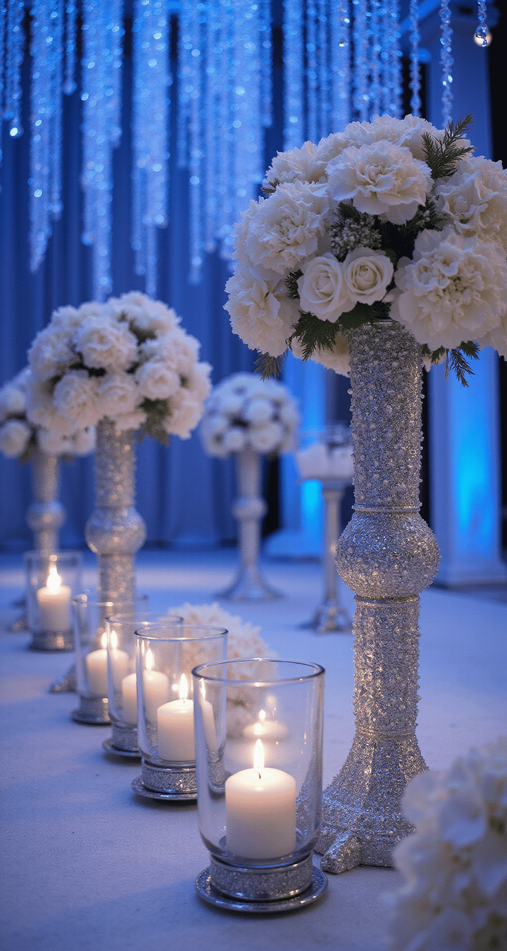 Wedding Aisle Flower Ideas: A Complete Visual Storytelling Low-angle view of a luxurious winter aisle featuring crystal-encrusted stands with white hydrangeas, silver brunia, and frosted pine; mercury glass hurricanes with floating candles along the runner; suspended crystal strands overhead, enhanced by cool blue uplighting for an ice palace effect.