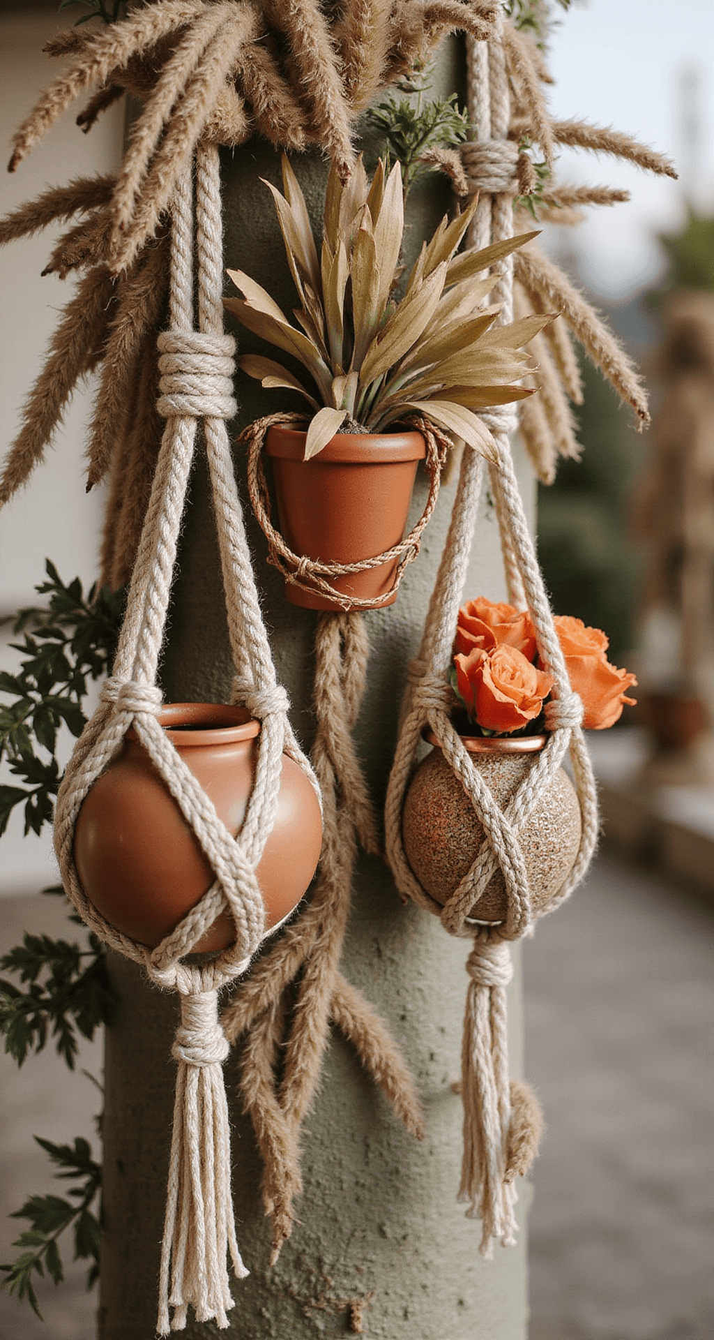 Wedding Aisle Flower Ideas: A Complete Visual Storytelling Detail shot of a bohemian aisle arrangement with dried pampas grass, copper-toned protea, and desert roses in macramé hangers, accented by natural sisal rope and terra cotta vessels, with copper highlights reflecting late afternoon light, captured at a 45-degree angle.