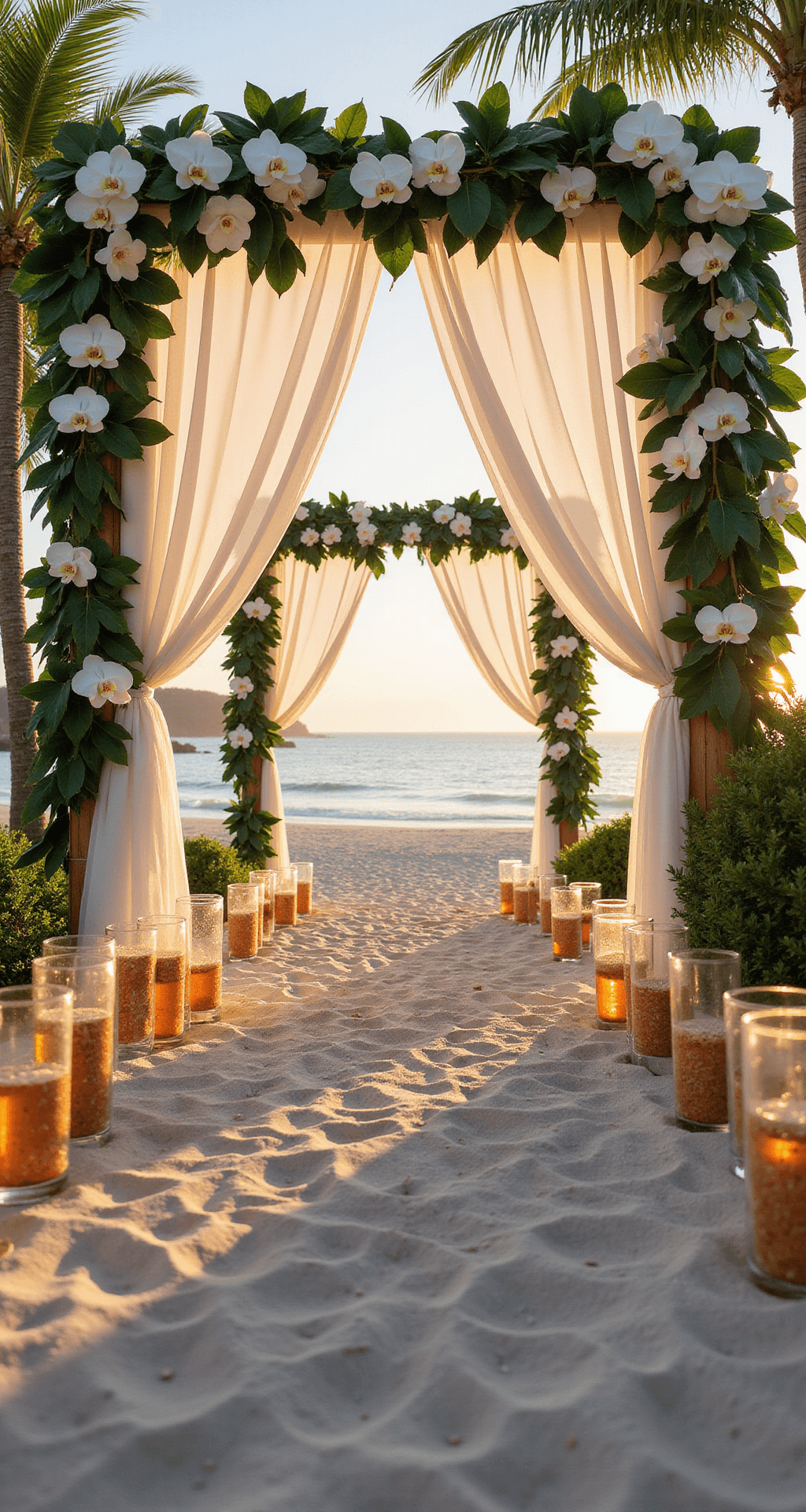 Wedding Aisle Flower Ideas: A Complete Visual Storytelling A serene beachfront setting featuring a bamboo-lined aisle adorned with white dendrobium orchids and monstera leaves forming archways, with clear glass cylinders filled with sand and floating plumeria flowers lining the sandy path, all illuminated by the warm glow of magic hour. Sheer white fabric panels gently sway in the ocean breeze.
