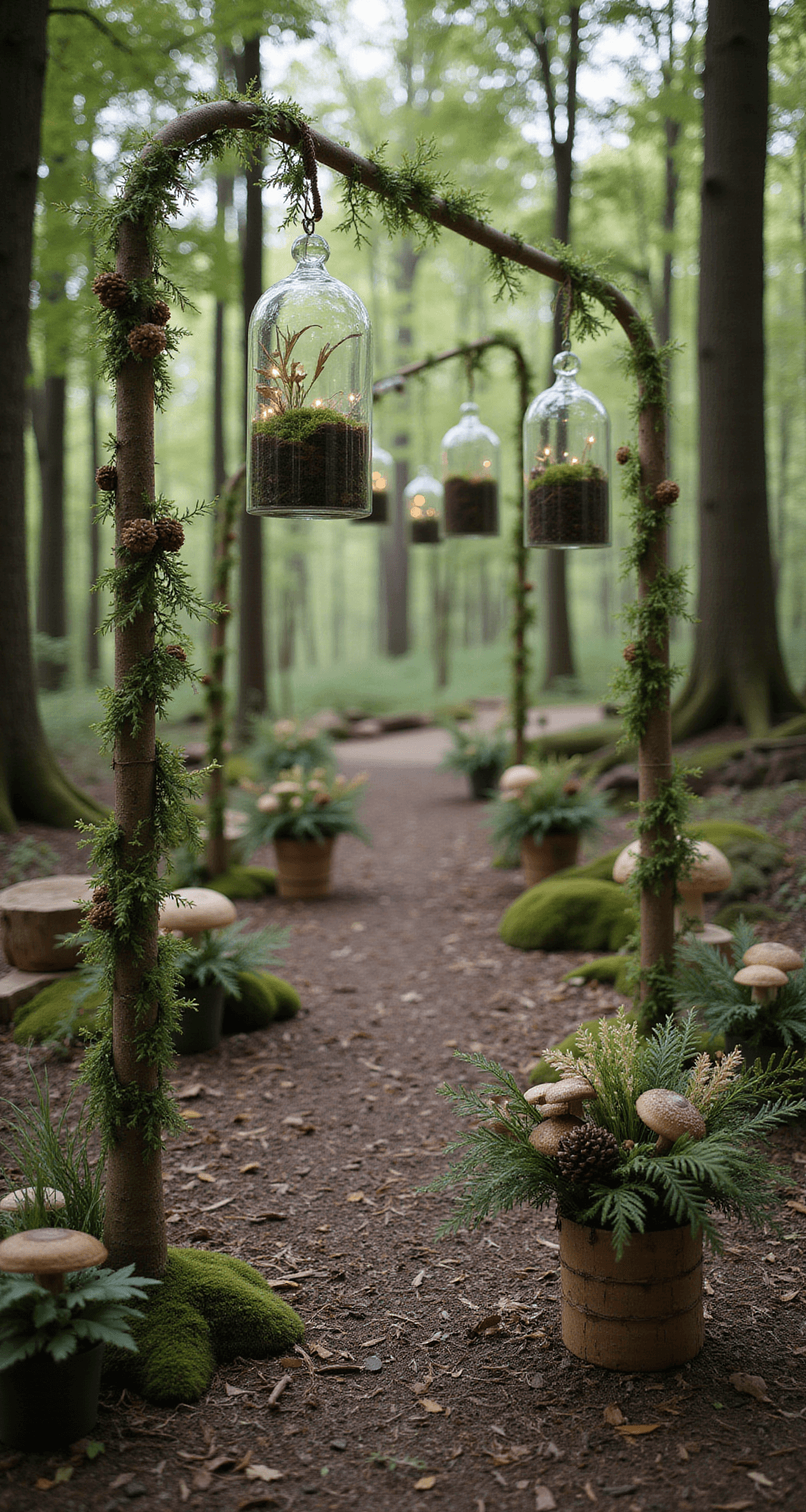 Wedding Aisle Flower Ideas: A Complete Visual Storytelling A dramatic woodland ceremony aisle featuring towering shepherd's hooks with glass terrariums, surrounded by forest floor arrangements of foraged mushrooms, pine cones, and native flowers, all illuminated by dappled sunlight filtering through the tree canopy.