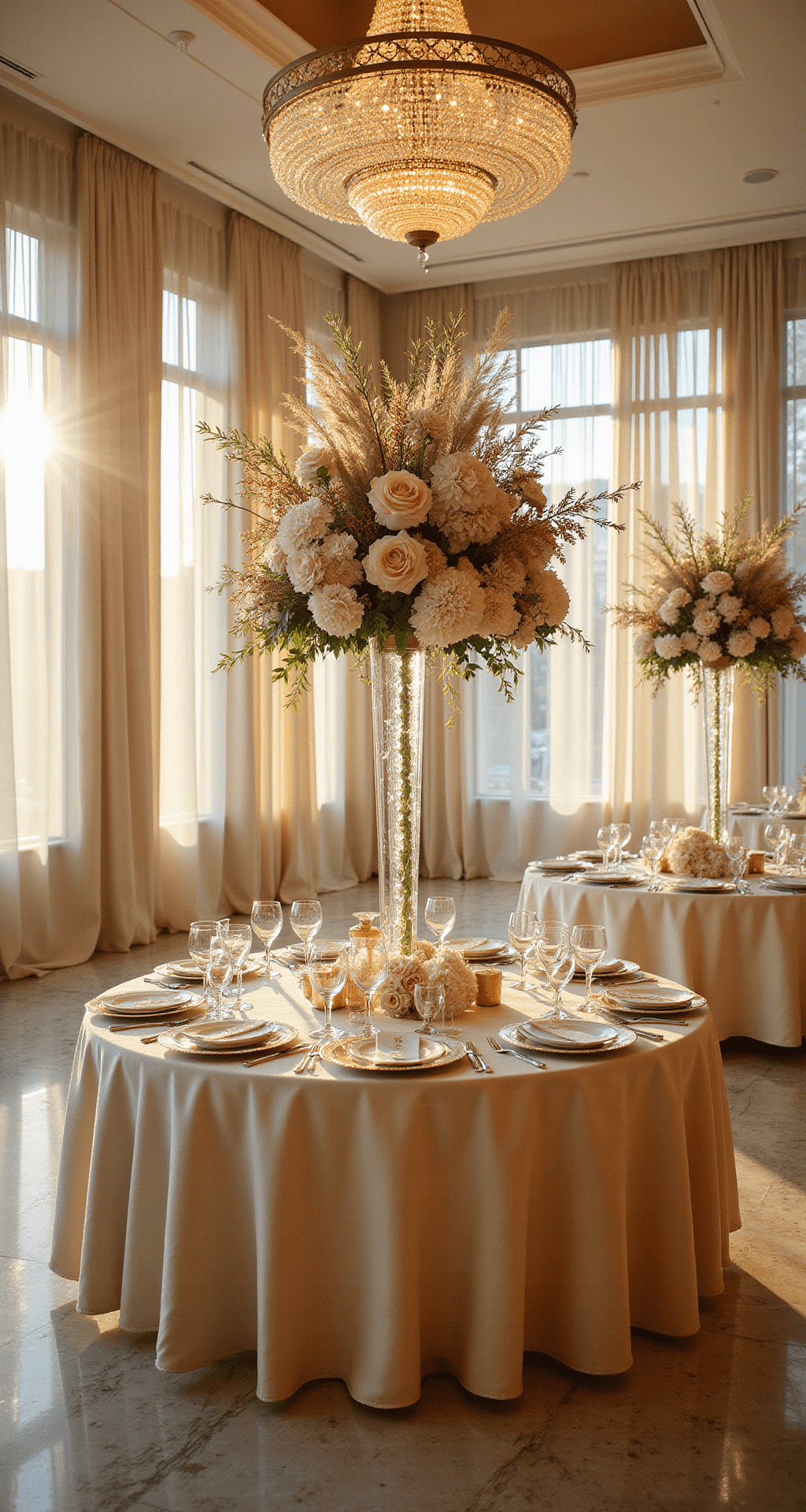 Neutral Wedding Flowers: Your Ultimate Guide to Timeless Elegance A luxurious hotel ballroom during golden hour, featuring round tables with tall neutral floral arrangements, cream silk linens, and crystal chandeliers casting a warm glow over elegant place settings. Sheer ivory drapery frames large windows, enhancing the grandeur of the space.