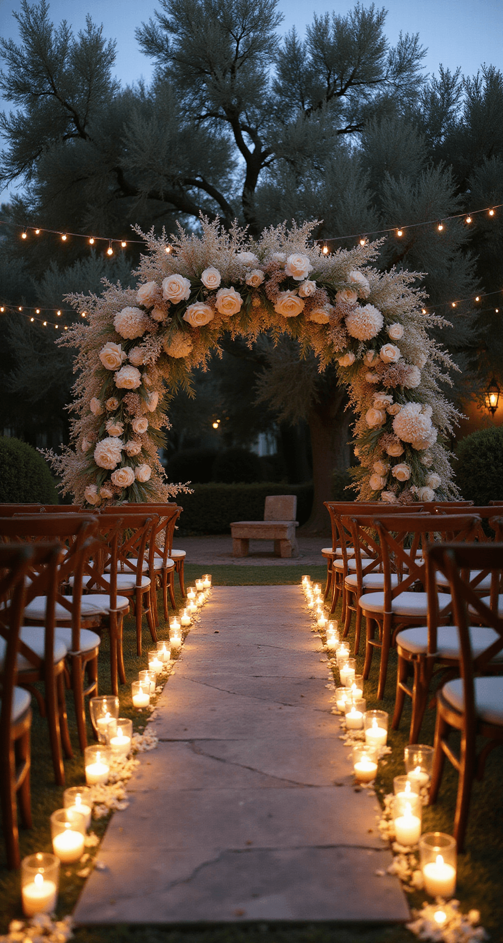 Neutral Wedding Flowers: Your Ultimate Guide to Timeless Elegance An intimate garden ceremony setup at dusk featuring a floral arch of white delphinium, cream roses, and dried pampas grass, surrounded by olive trees, with vintage wooden chairs lining a stone aisle illuminated by votives and fairy lights.