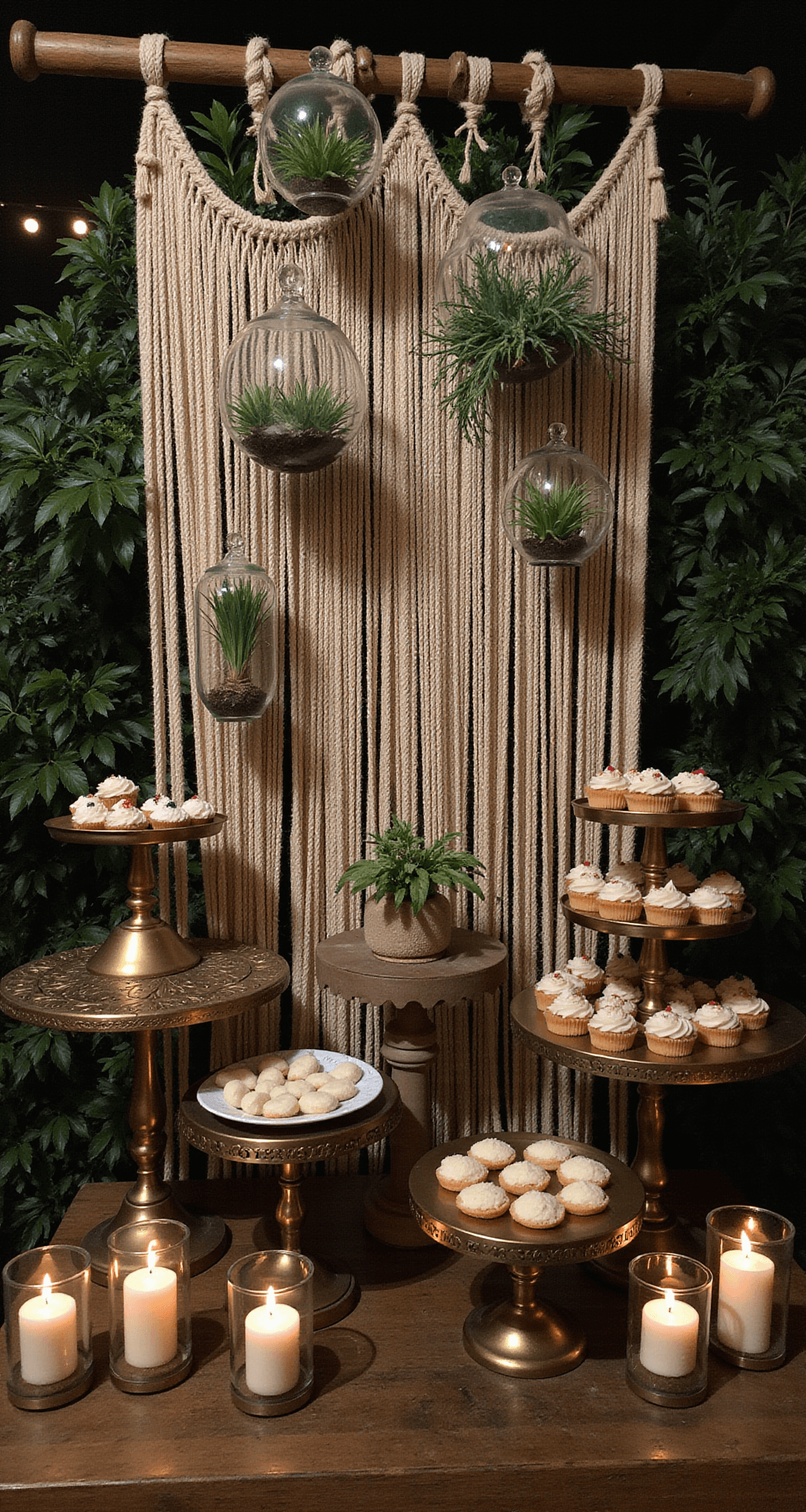 The Ultimate Wild One Birthday Party Guide: Turning One Year Old in Style! A warm, atmospheric display of a dessert setup with jungle-themed treats on varying vintage cake stands. A macramé backdrop features hanging geometric terrariums with air plants. Taper candles in brass holders cast a cozy glow, while spotlights illuminate a professional cake installation. Modern acrylic signage adds an elegant touch.