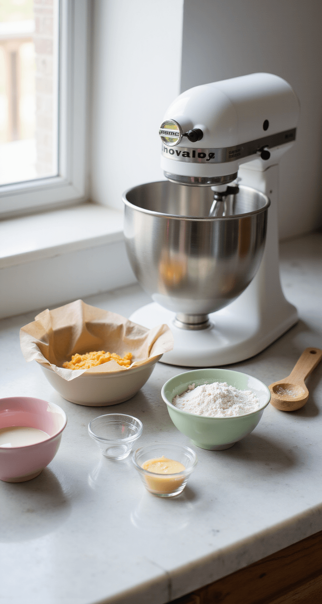 Korean Birthday Cake: The Ultimate Aesthetic Dessert Guide A serene baking station in a pristine kitchen, featuring a professional stand mixer, pastel bowls of ingredients, sifted cake flour, gleaming egg whites in glass bowls, and neatly arranged measuring tools on a marble countertop.