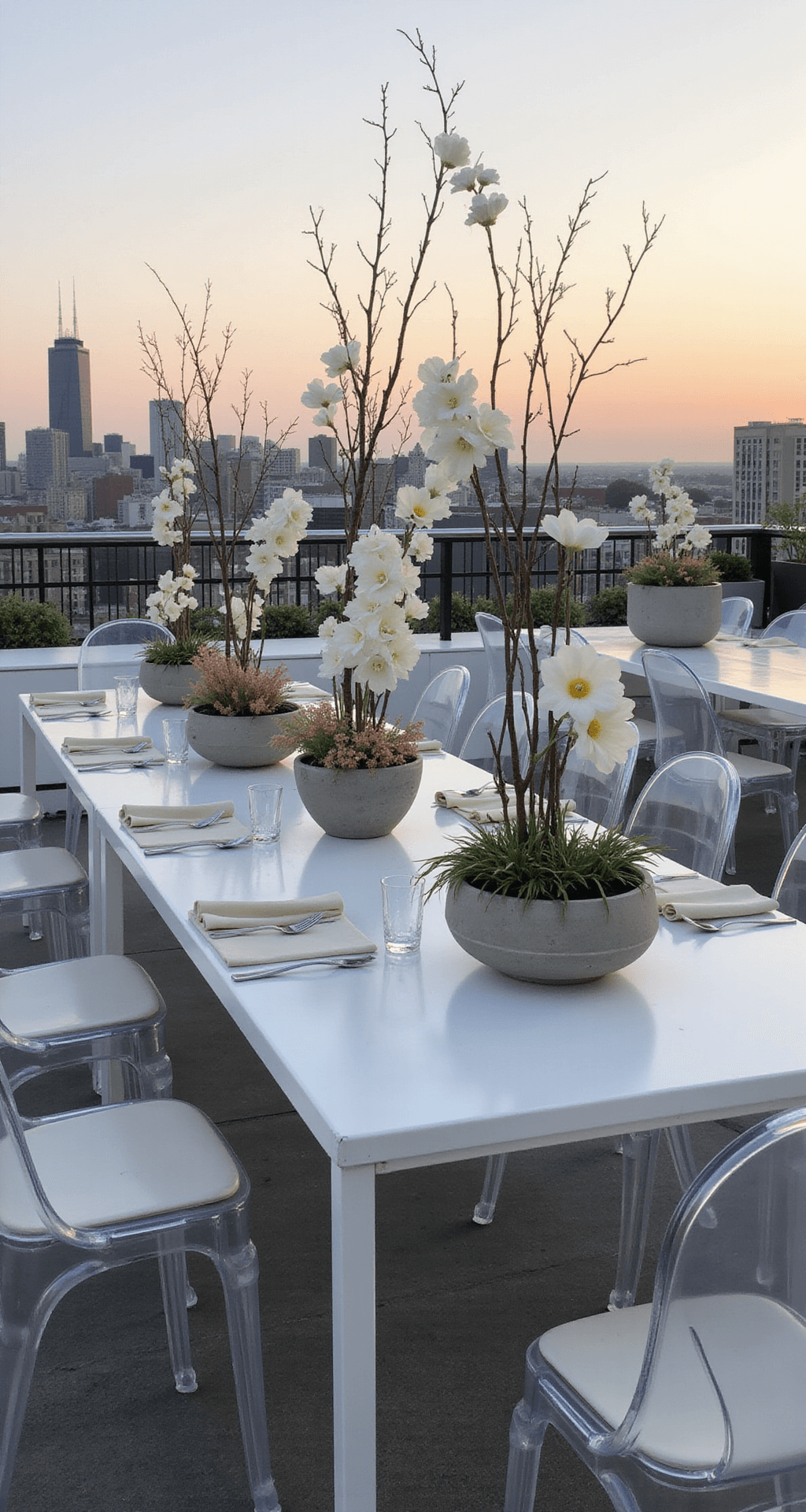 Neutral Wedding Flowers: Your Ultimate Guide to Timeless Elegance A modern rooftop venue at sunset featuring minimalist styling, with white metal tables displaying ikebana-inspired floral arrangements of white snapdragons and bleached branches in concrete vessels, surrounded by ghost chairs and cream linen napkins, against a dusky pink sky and a dramatic city skyline.