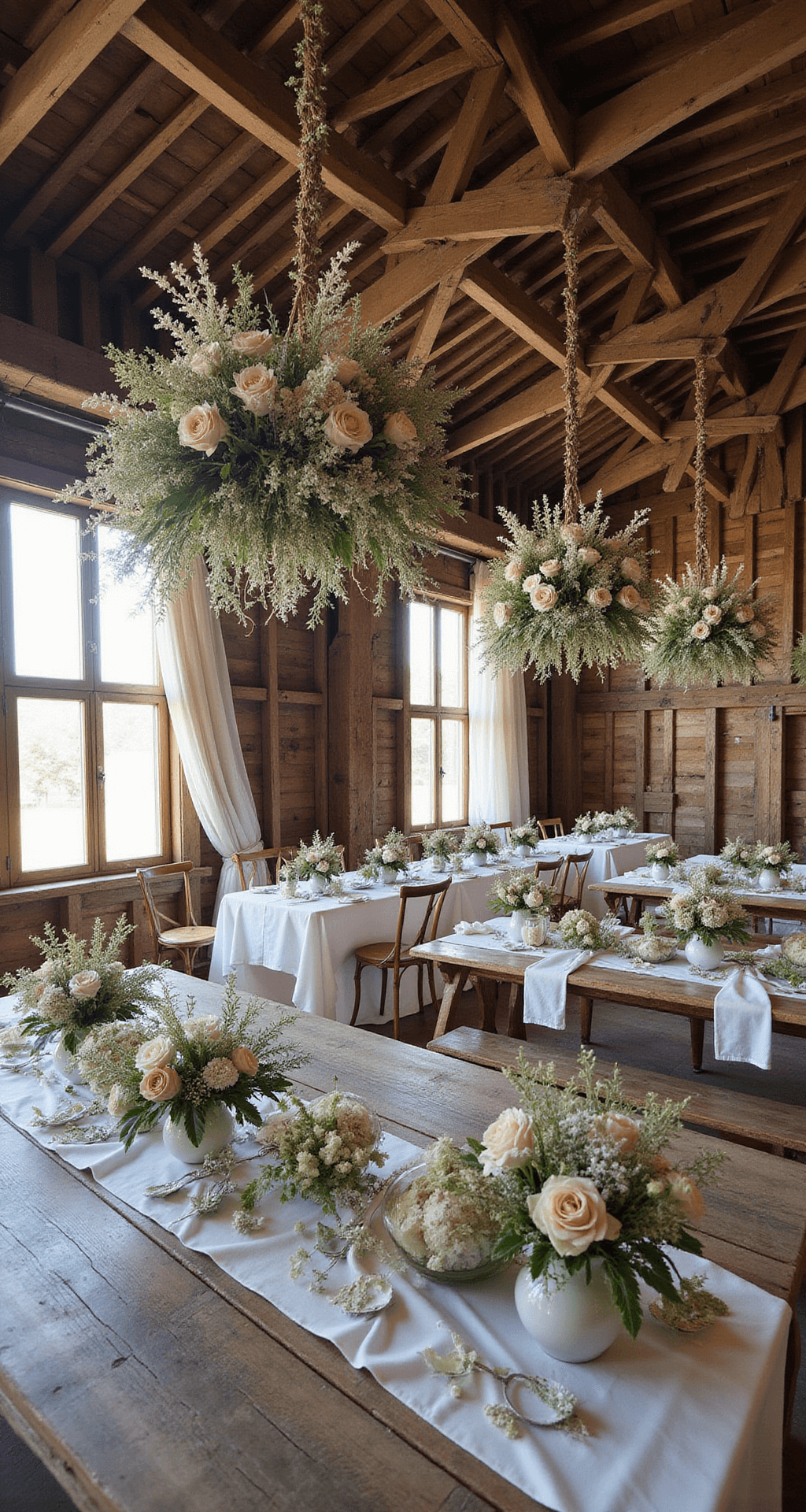 Neutral Wedding Flowers: Your Ultimate Guide to Timeless Elegance A rustic barn featuring suspended floral installations of baby's breath and dried flowers above long farm tables, with weathered wood surfaces, vintage milk glass vessels, and gauzy fabric draped from exposed beams, illuminated by natural light.