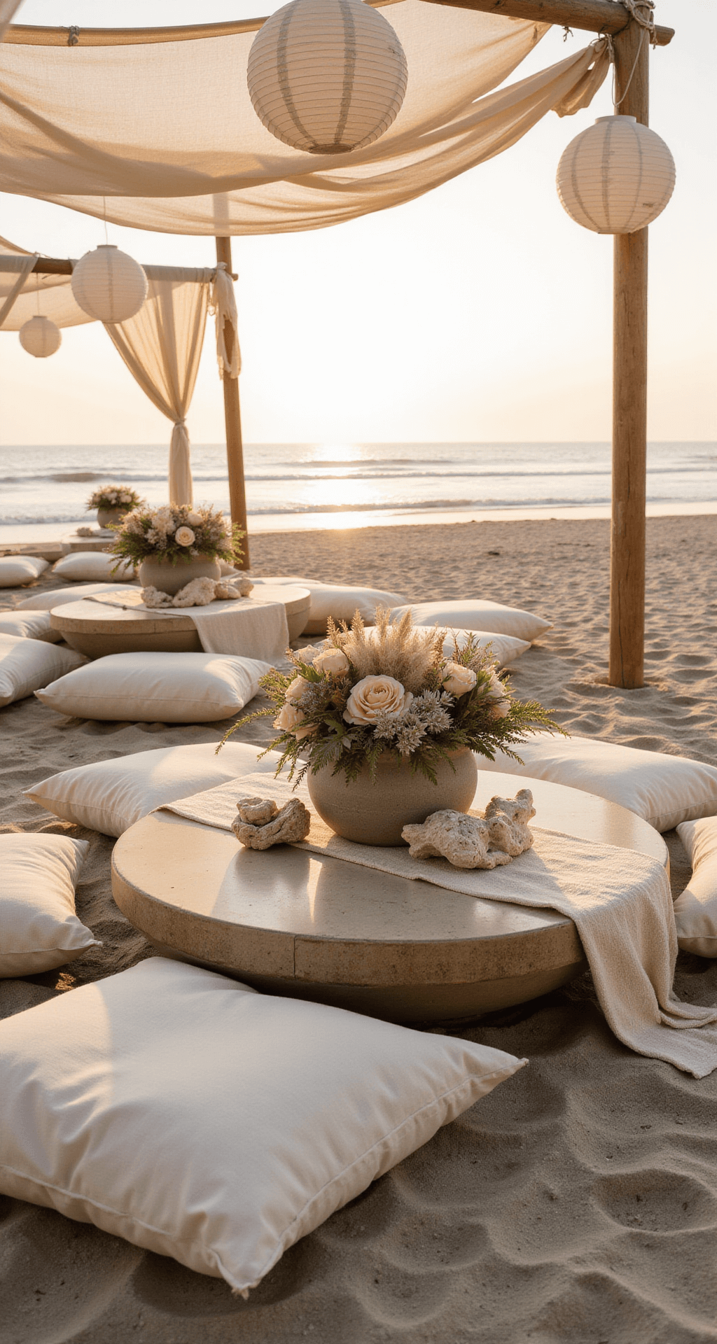 Neutral Wedding Flowers: Your Ultimate Guide to Timeless Elegance A beachfront celebration at golden hour with low cocktail tables dressed in natural linen, cream floor cushions, and neutral florals in weathered ceramic vessels, featuring elements like bleached coral and sea grass, framed by sheer fabric cabanas and swaying paper lanterns, captured from beach level showcasing textures against the sand and sea.