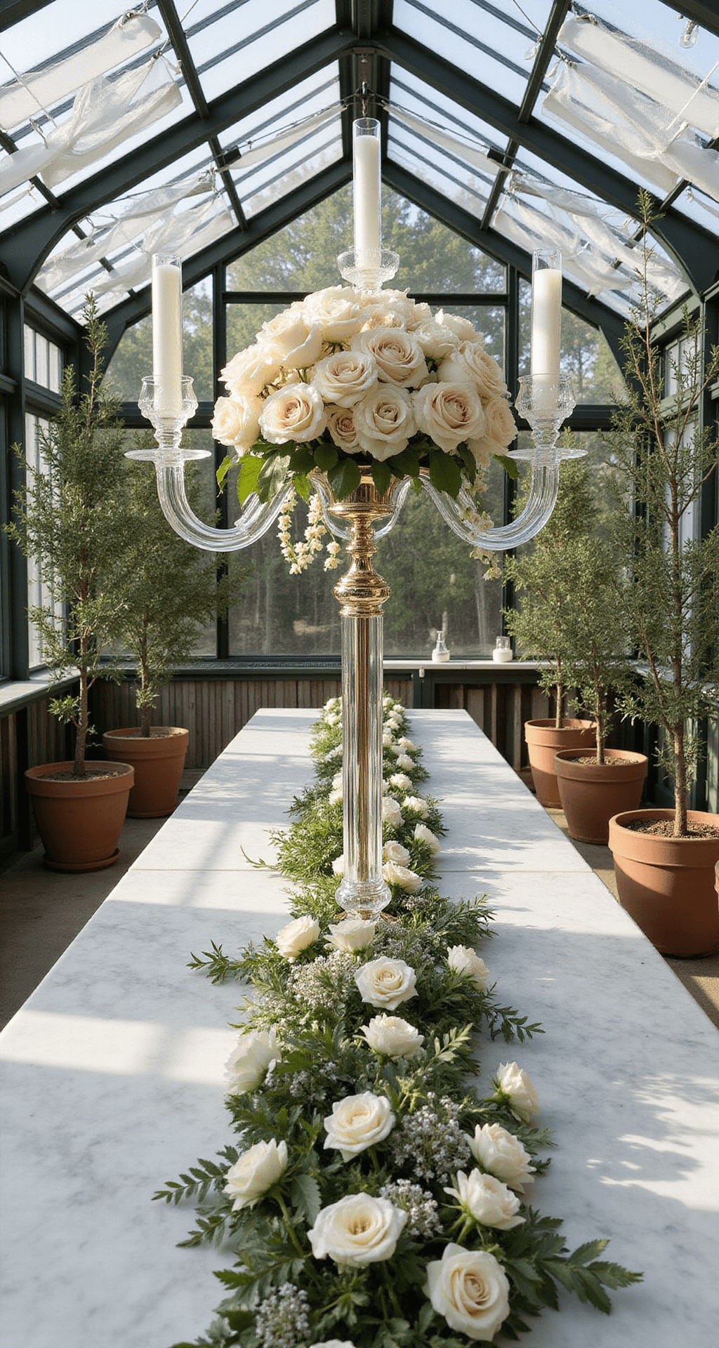 Neutral Wedding Flowers: Your Ultimate Guide to Timeless Elegance An elegant greenhouse filled with layers of neutral blooms, featuring crystal candelabras with ivory roses and ranunculus, potted olive trees, and marble tables adorned with fresh runner-style arrangements, all beautifully lit by afternoon sunlight filtering through the glass ceiling.